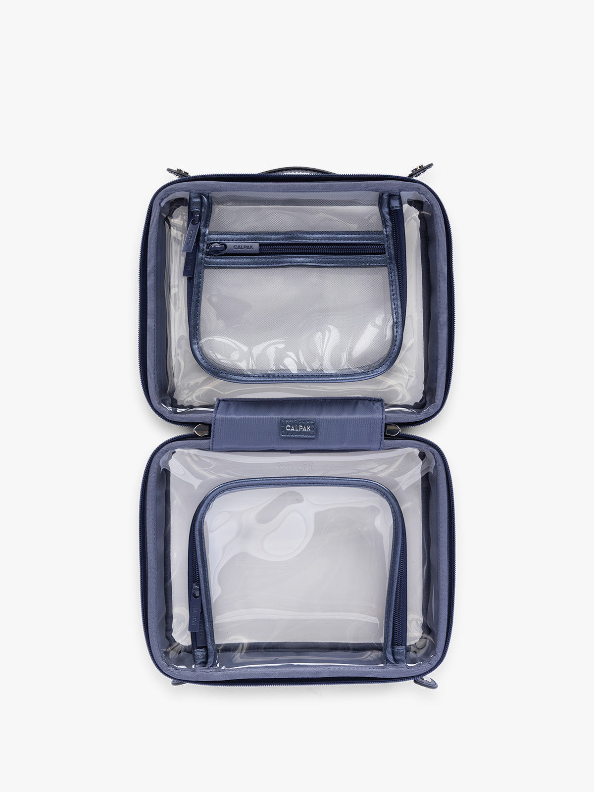 Opened view of CALPAK Clear Cosmetic Case in dark blue French Blue; CMM2201-METALLIC-INDIGO