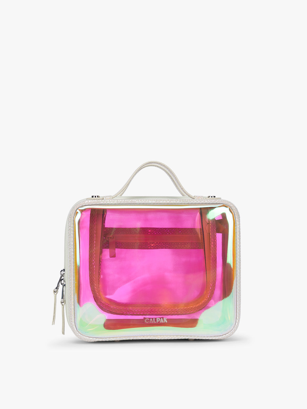 CALPAK Medium Clear Cosmetics Case with white border and iridescent, holographic, and transparent case in Moonbeam on a white background; CMM2201-MOONBEAM