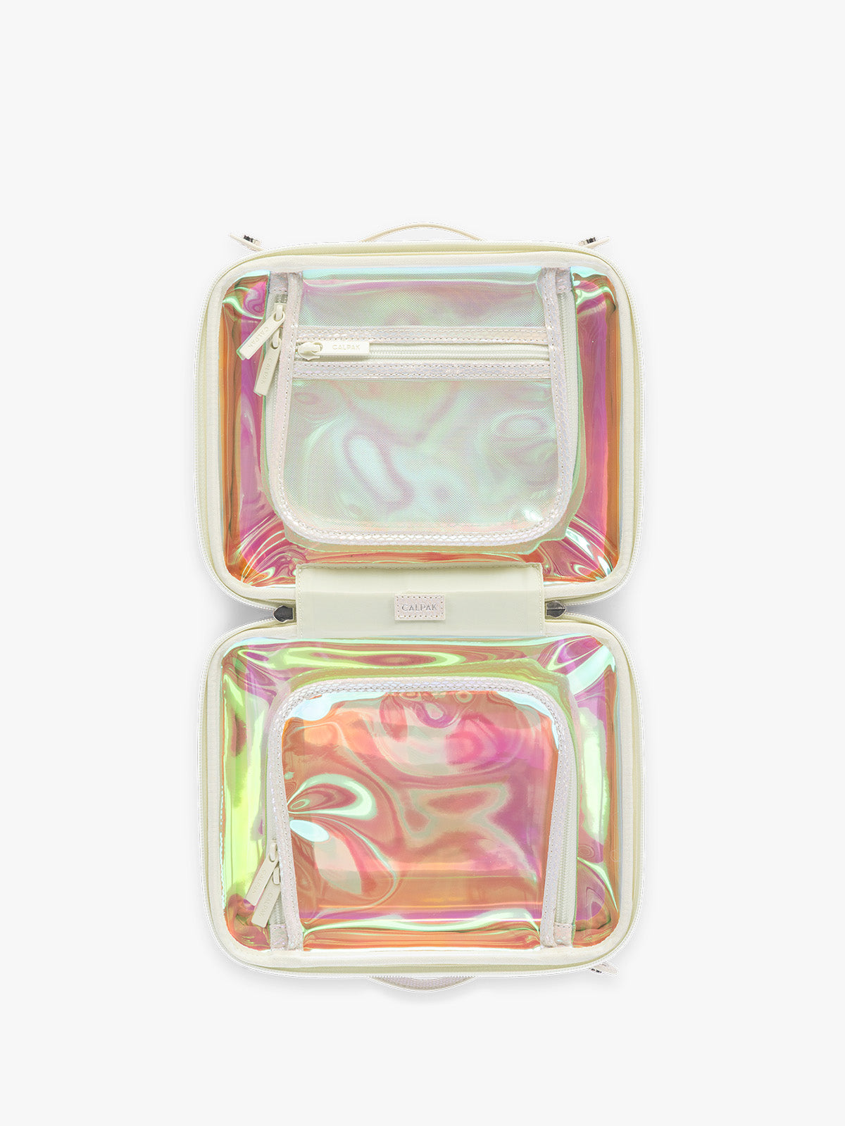 Opened CALPAK Medium Clear Cosmetics Case with white border and iridescent, holographic, and transparent case in Moonbeam on a white background; CMM2201-MOONBEAM