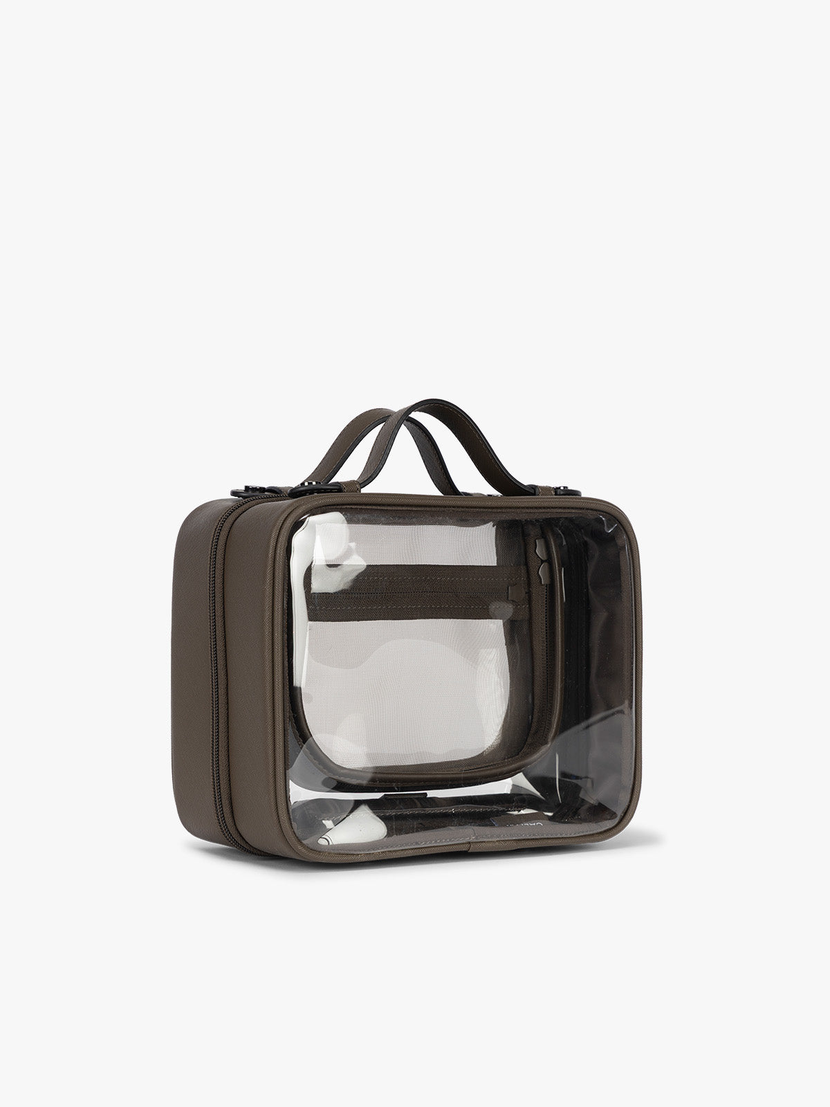 Side view of CALPAK Medium Clear Cosmetic Case in brown; CMM2201-MUSHROOM