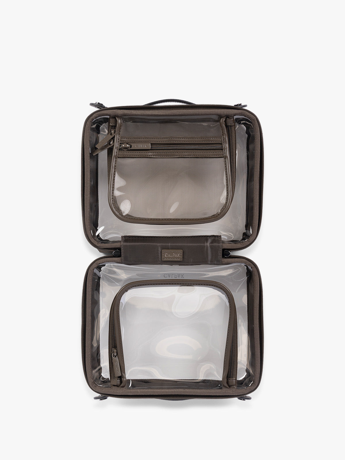 Opened view of CALPAK Medium Clear Cosmetic Case in brown; CMM2201-MUSHROOM