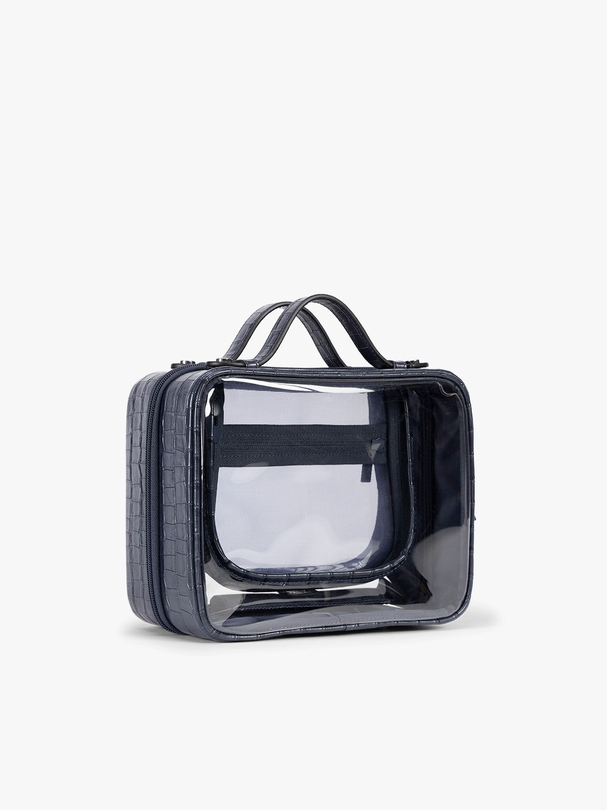 Side view of CALPAK Medium Clear Cosmetics Case that is a transparent pouch with a deep blue Navy in crocodile-embossed; CMM2201-NAVY-FAUX-CROC