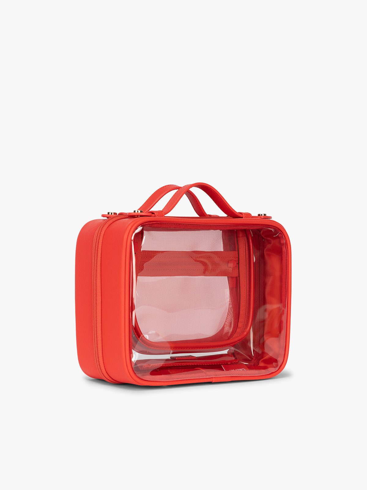 Side view of CALPAK Medium Clear Cosmetic Case in red Tomato; CMM2201-TOMATO