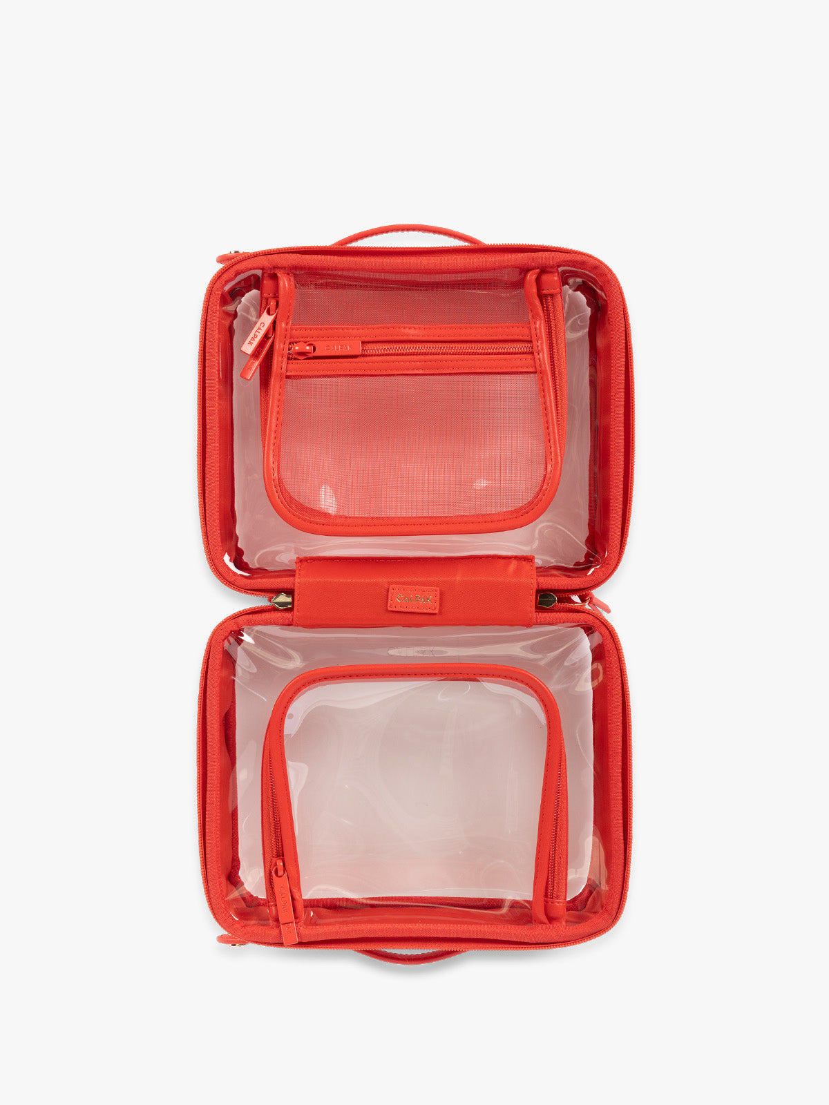 Opened view of CALPAK Medium Clear Cosmetic Case in red Tomato; CMM2201-TOMATO