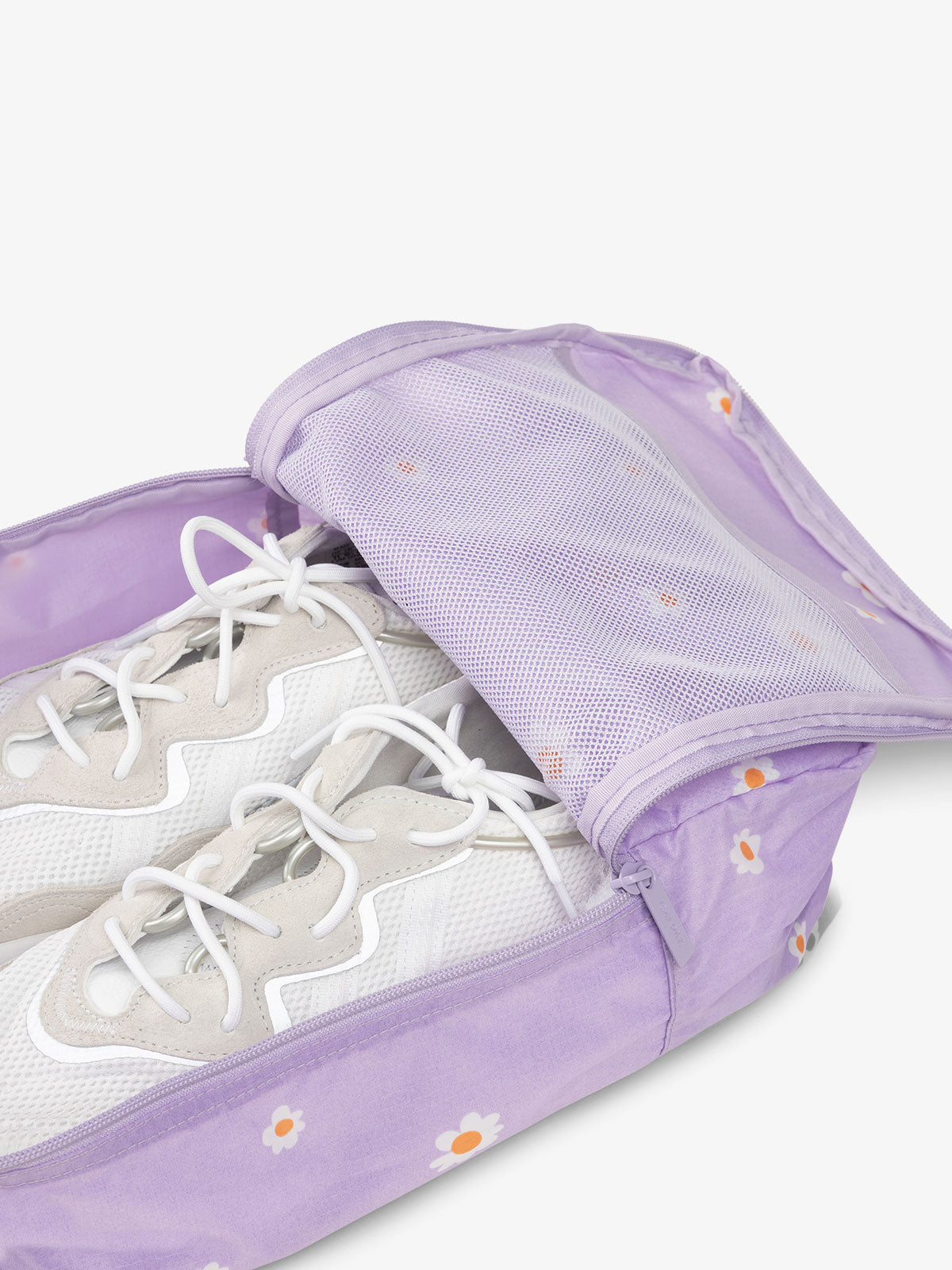 CALPAK Compakt zippered shoe travel bag with mesh pocket in purple floral print; KSB2001-ORCHID-FIELDS