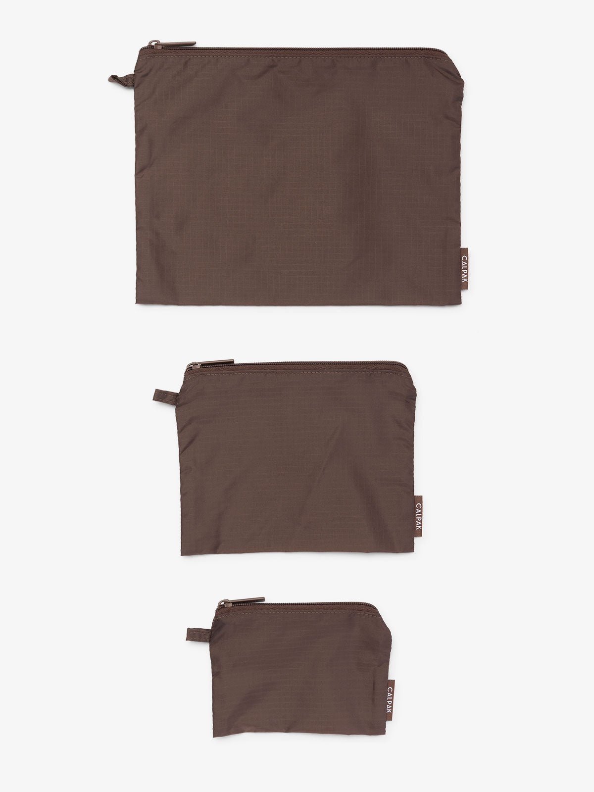 CALPAK Compakt water resistant zippered pouch set for organization in walnut; KZB2001-WALNUT