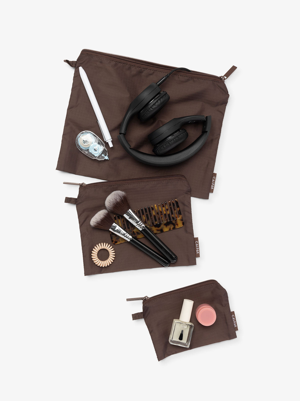 CALPAK Compakt 3 piece zippered pouch set in 3 sizes with water resistant material in brown; KZB2001-WALNUT