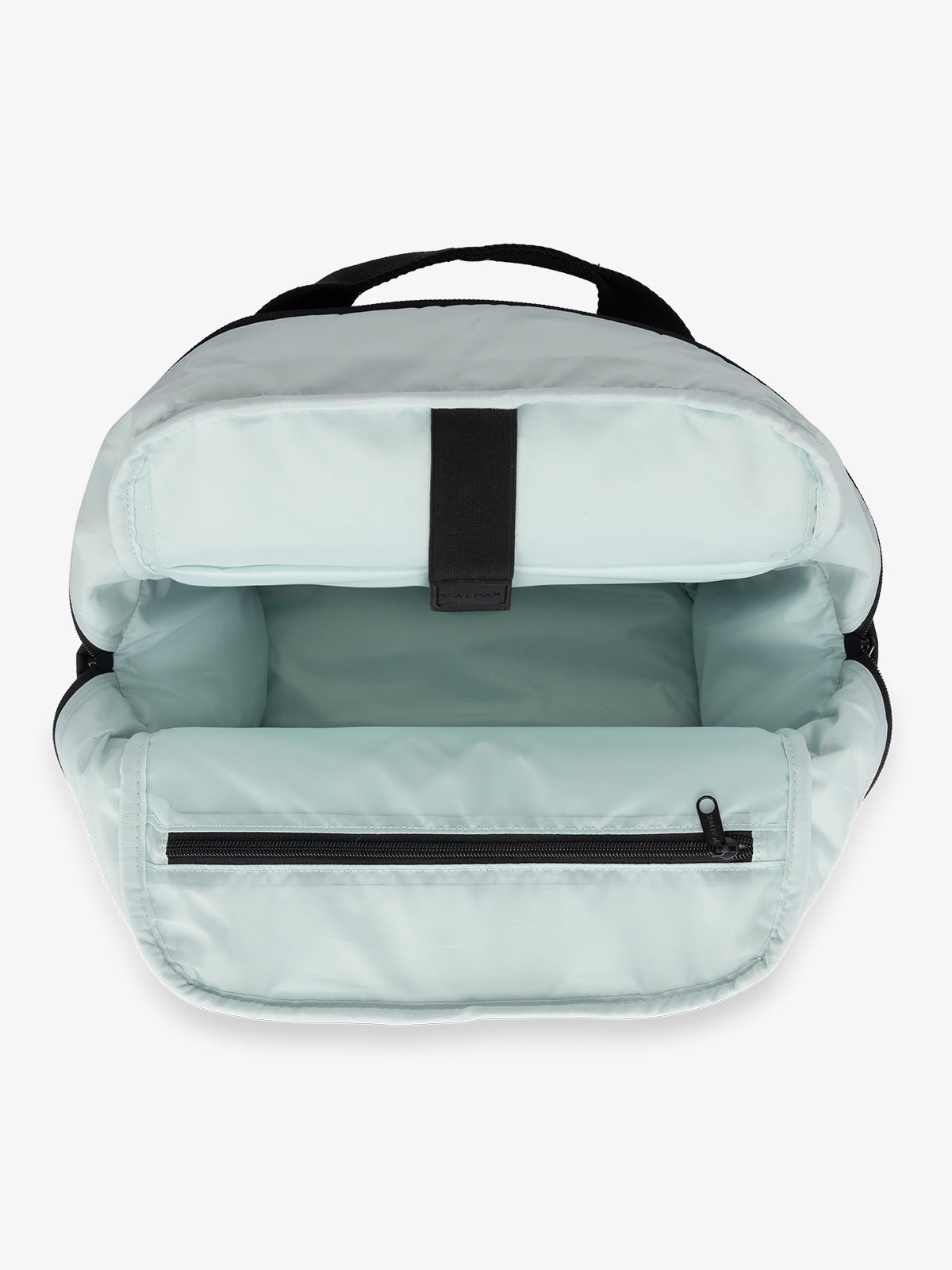 CALPAK Connect Laptop Backpack with multiple interior pockets and a padded laptop sleeve with black exterior, blue interior; BCN2401-BLACK