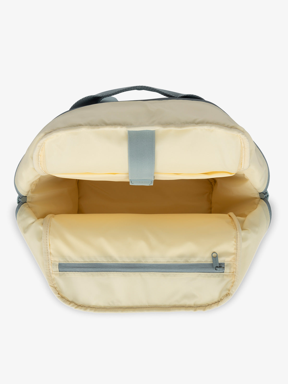 CALPAK Connect Laptop Backpack with multiple interior pockets and a padded laptop sleeve with blue exterior, yellow interior; BCN2401-BLUEBELL
