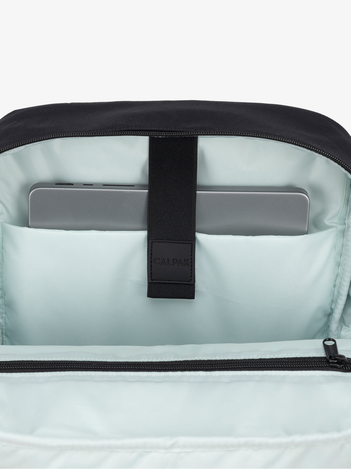 CALPAK Connect Laptop Backpack with laptop sleeve fitting laptop up to 16" with black exterior, blue interior; BCN2401-BLACK