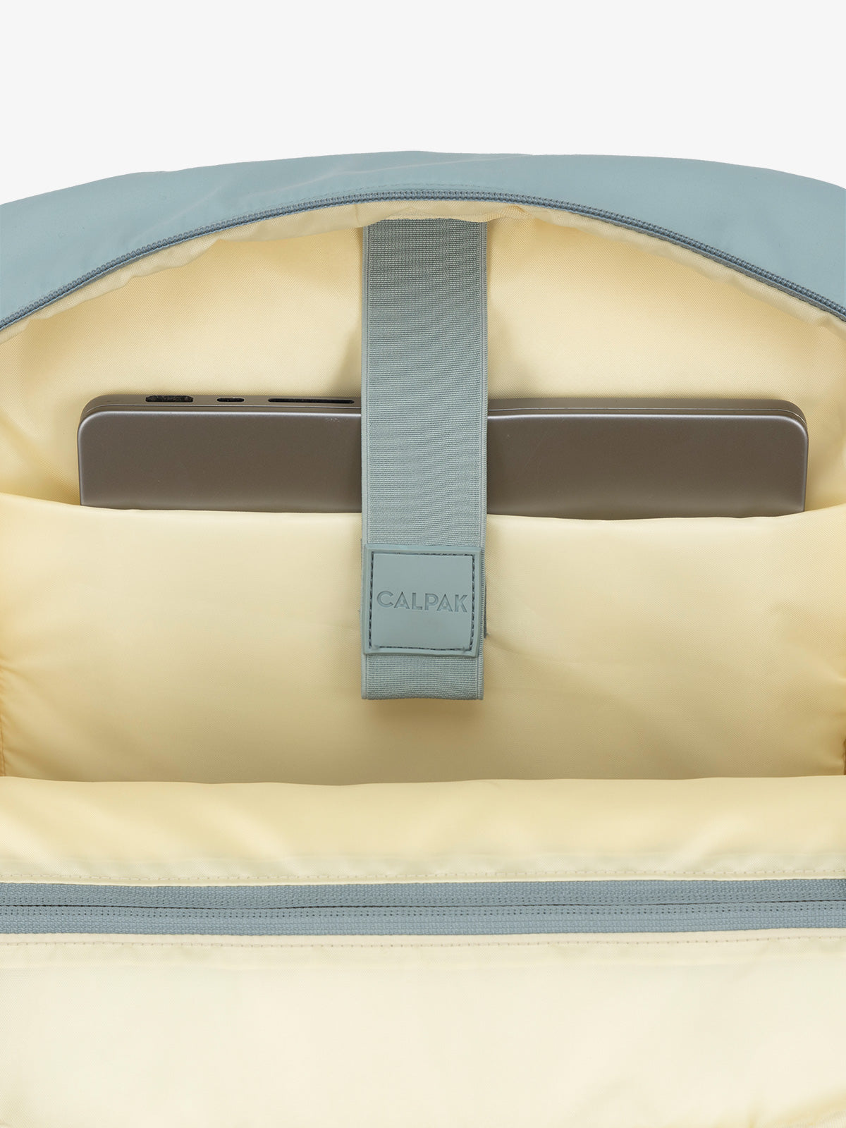 CALPAK Connect Laptop Backpack with laptop sleeve fitting laptop up to 16" with blue exterior, yellow interior; BCN2401-BLUEBELL