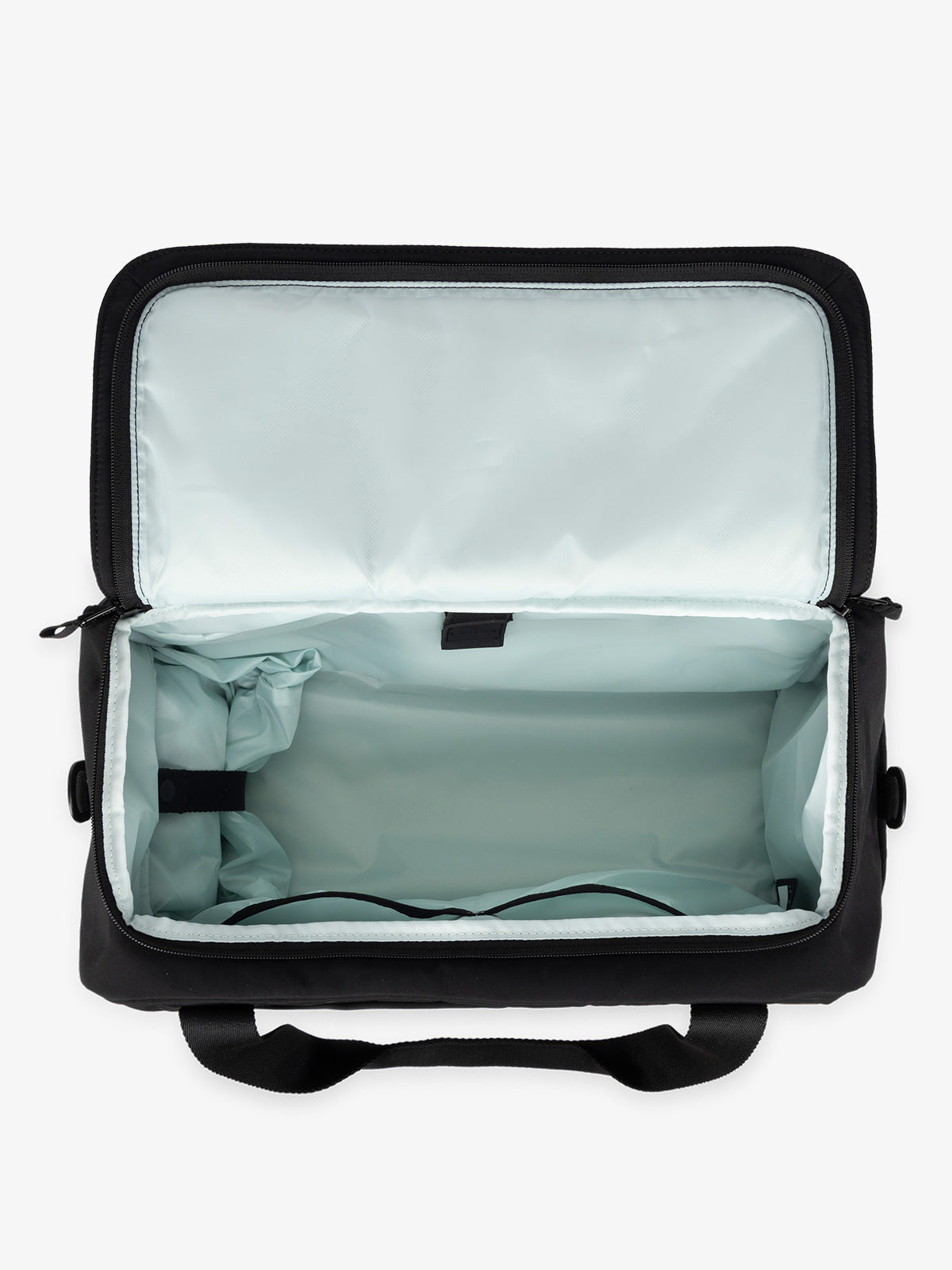 CALPAK Connect laptop duffel with multiple interior pockets and padded laptop sleeve with black exterior, blue interior; DCN2401-BLACK
