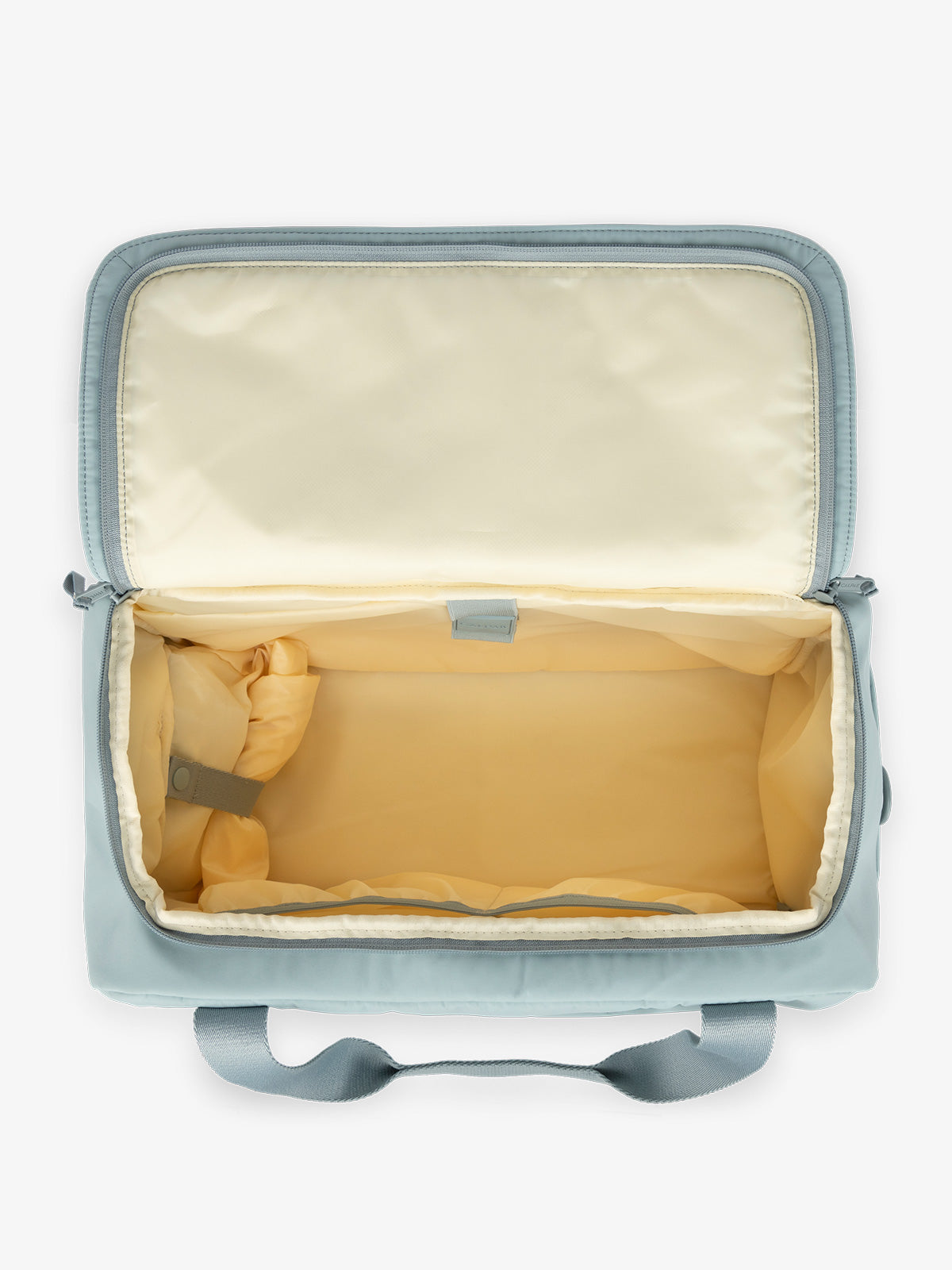 CALPAK Connect laptop duffel with multiple interior pockets and padded laptop sleeve with blue exterior, yellow interior; DCN2401-BLUEBELL