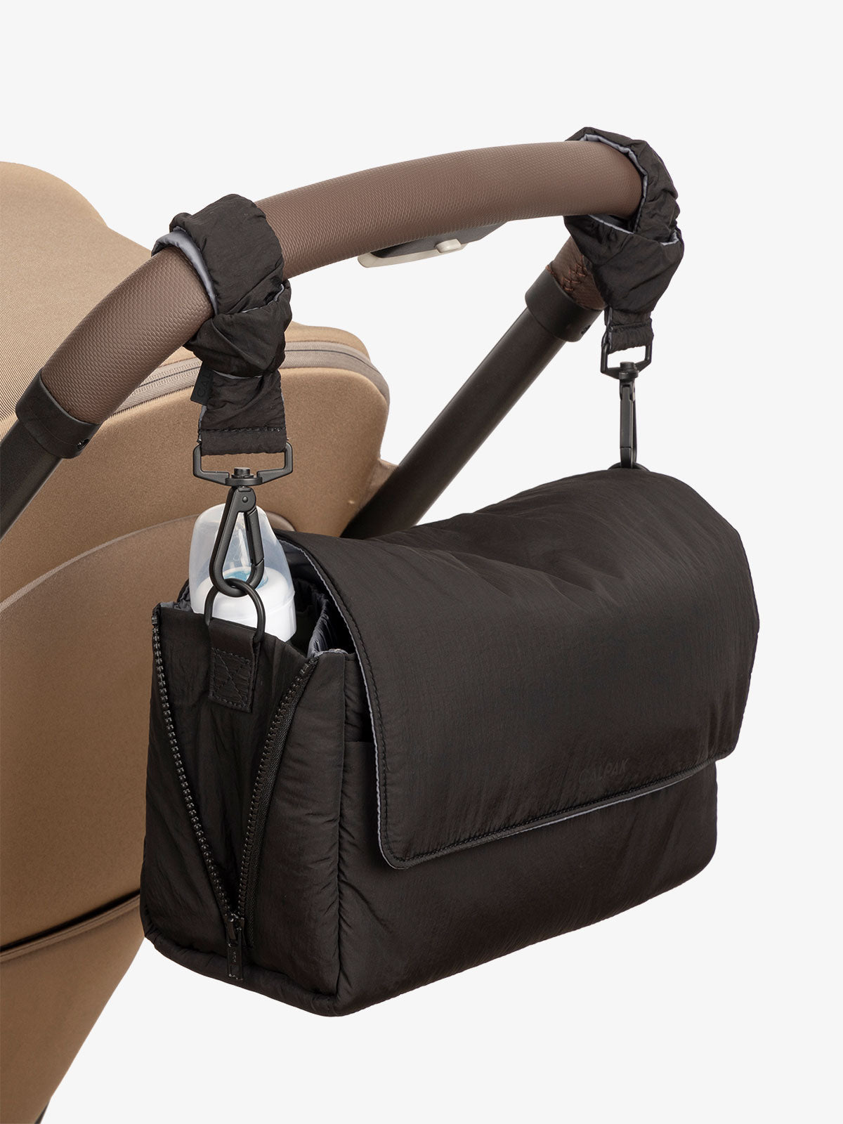 CALPAK Convertible Stroller Caddy Crossbody with included stroller straps in black; SCB2401-BLACK