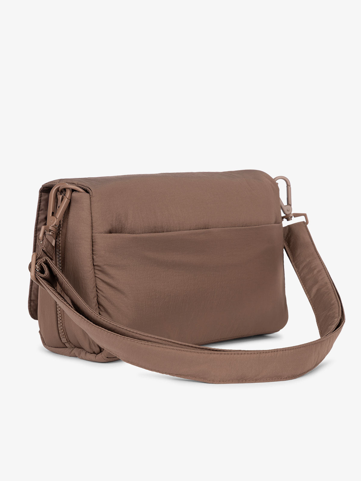 CALPAK convertible stroller caddy crossbody with D-ring attachment and adjustable strap in brown; SCB2401-HAZELNUT