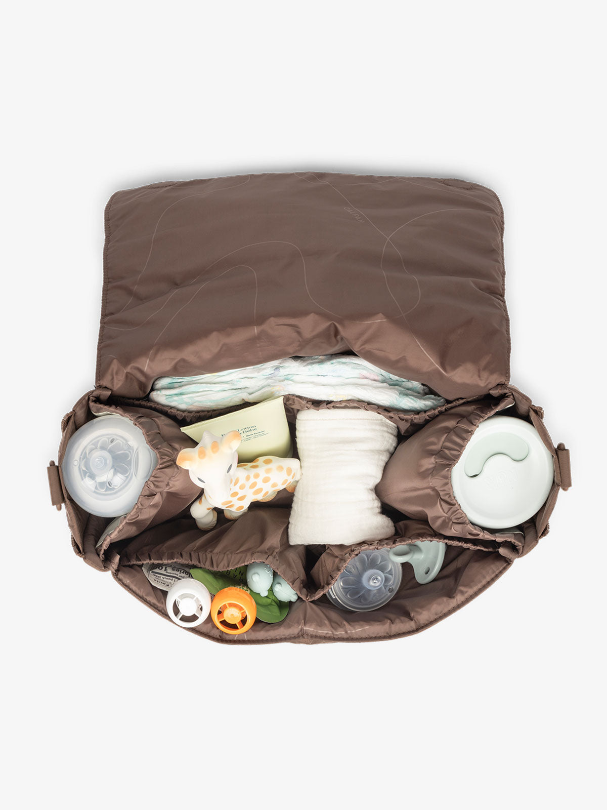 CALPAK convertible stroller caddy crossbody bag with 2 insulated bottle pockets, multiple interior pockets, and expandable sides for extra storage space in hazelnut; SCB2401-HAZELNUT