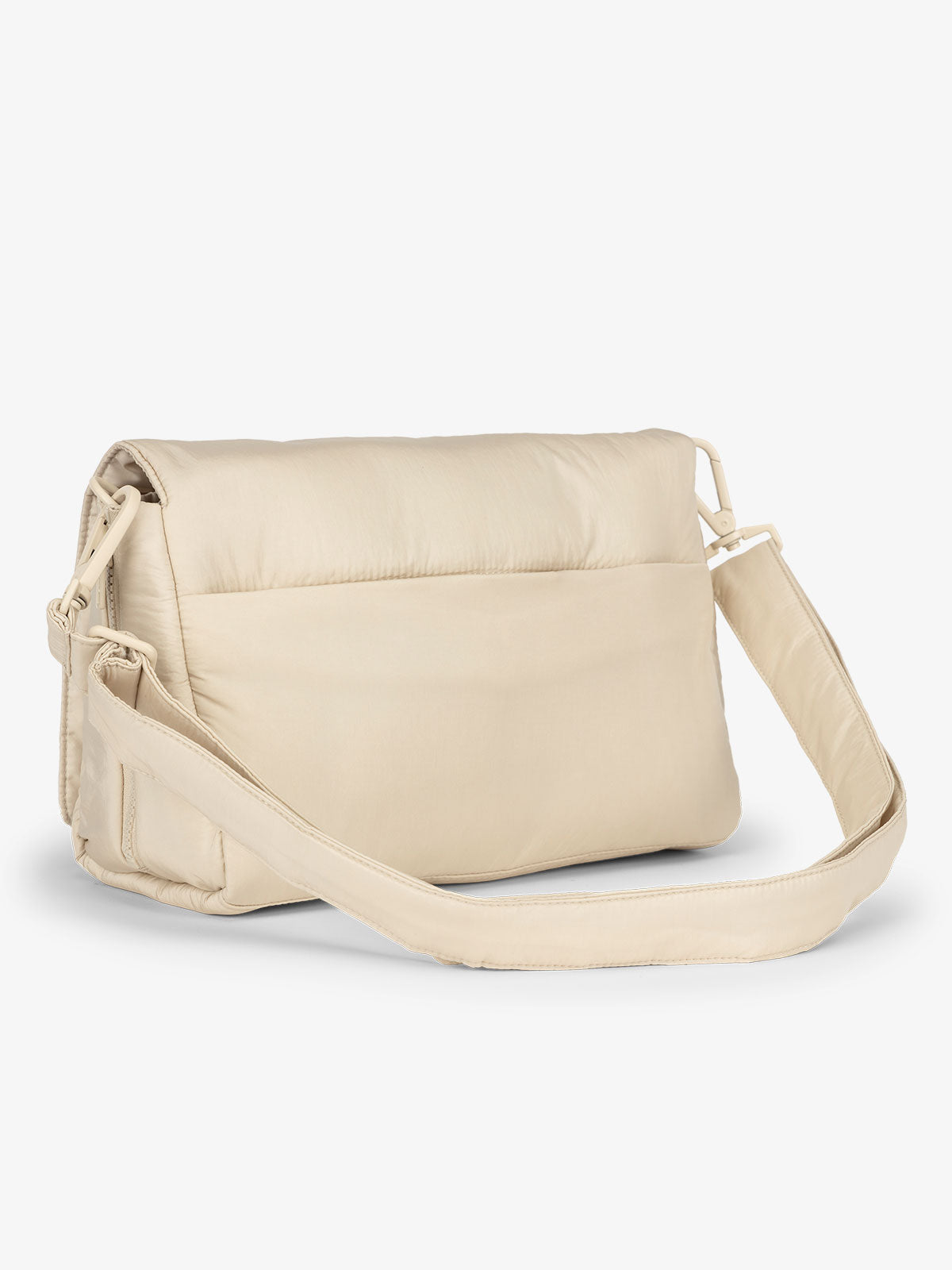CALPAK convertible stroller caddy crossbody with D-ring attachment and adjustable strap in beige; SCB2401-OATMEAL