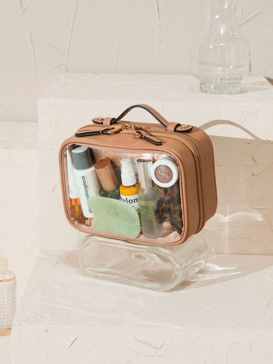 CALPAK cosmetic case for travel in caramel color; CCM2001-CARAMEL
