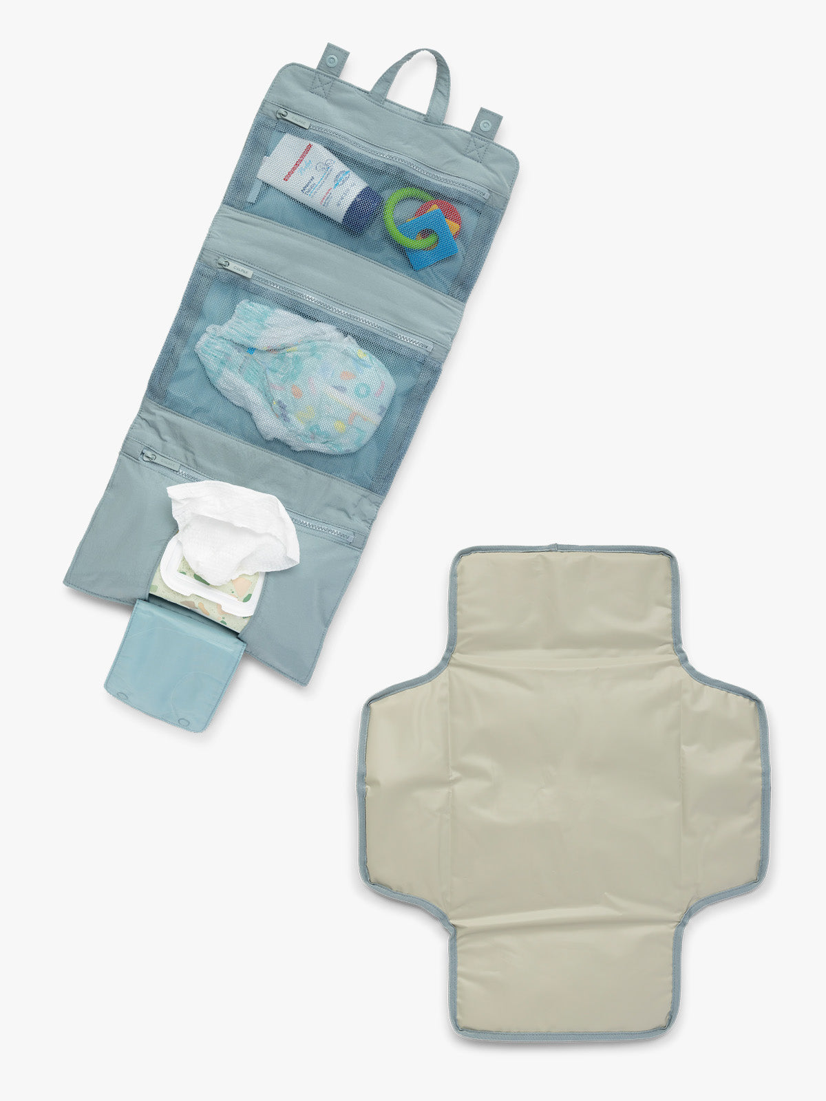CALPAK Diaper Changing Pad Organizer in light blue Bluebell opened interior; CPB2402-BLUEBELL