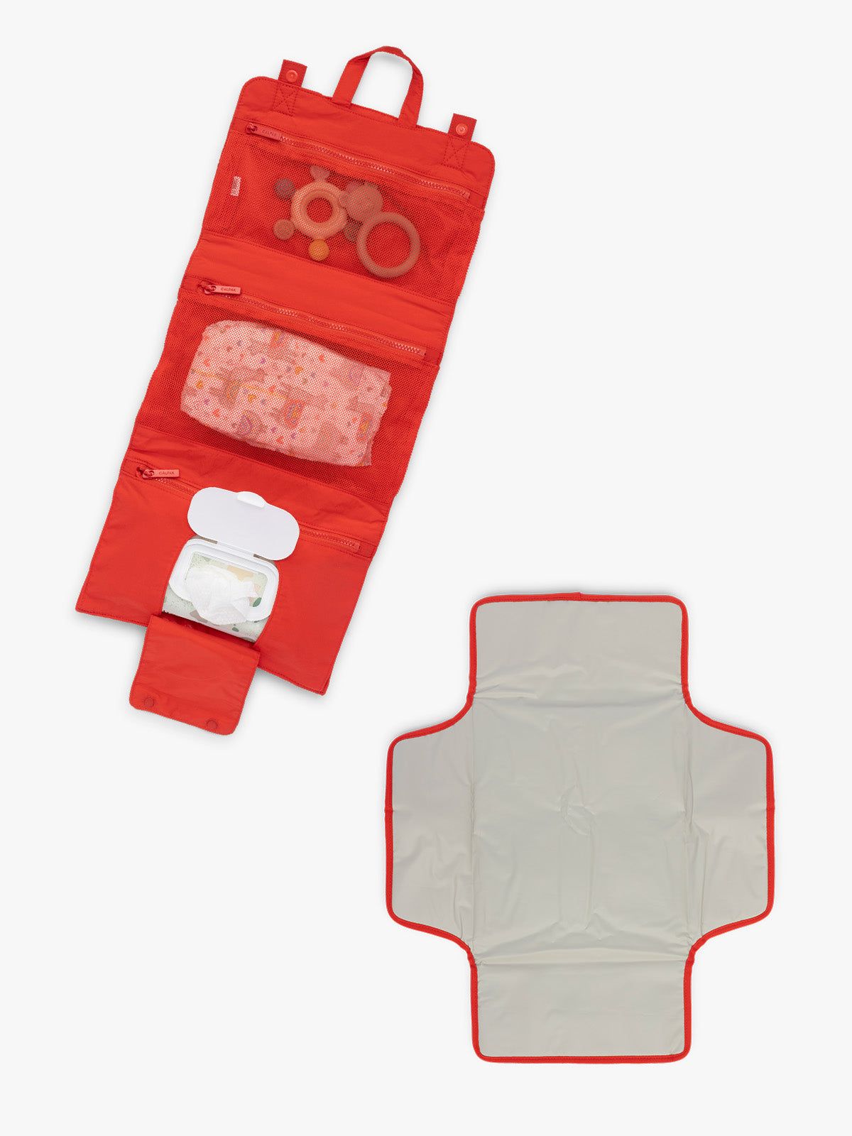 Compartments of CALPAK Diaper Changing Organizer in red Tomato; CPB2402-TOMATO