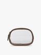 A clear zippered CALPAK Clear Quart Zip Pouch in with a brown Mocha border and a small black tassel zipper pull, shown on a plain white background; CQZP2601-MOCHA