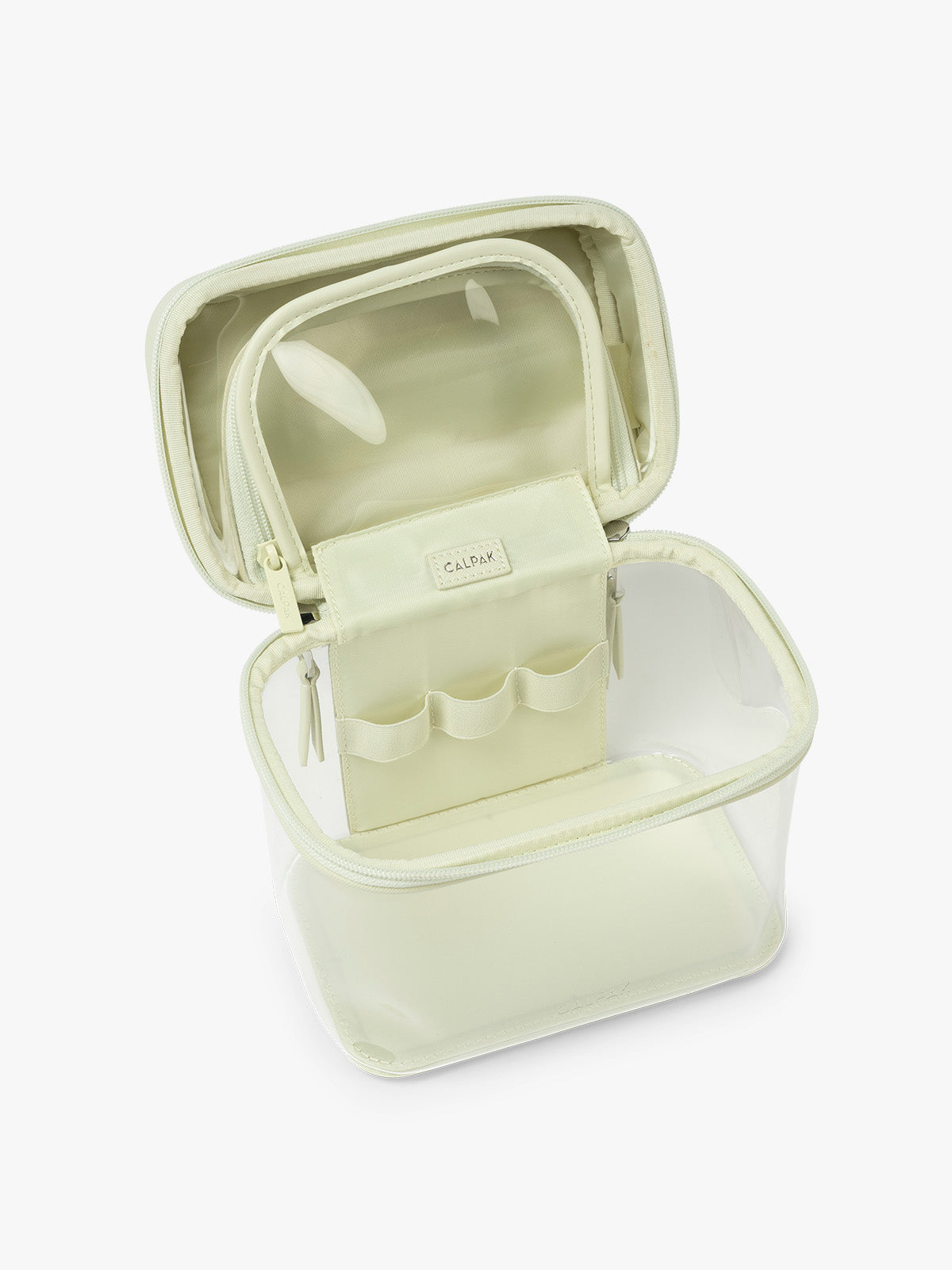 Opened view of CALPAK Clear Train Case in light green Celadon; CTC2401-CELADON