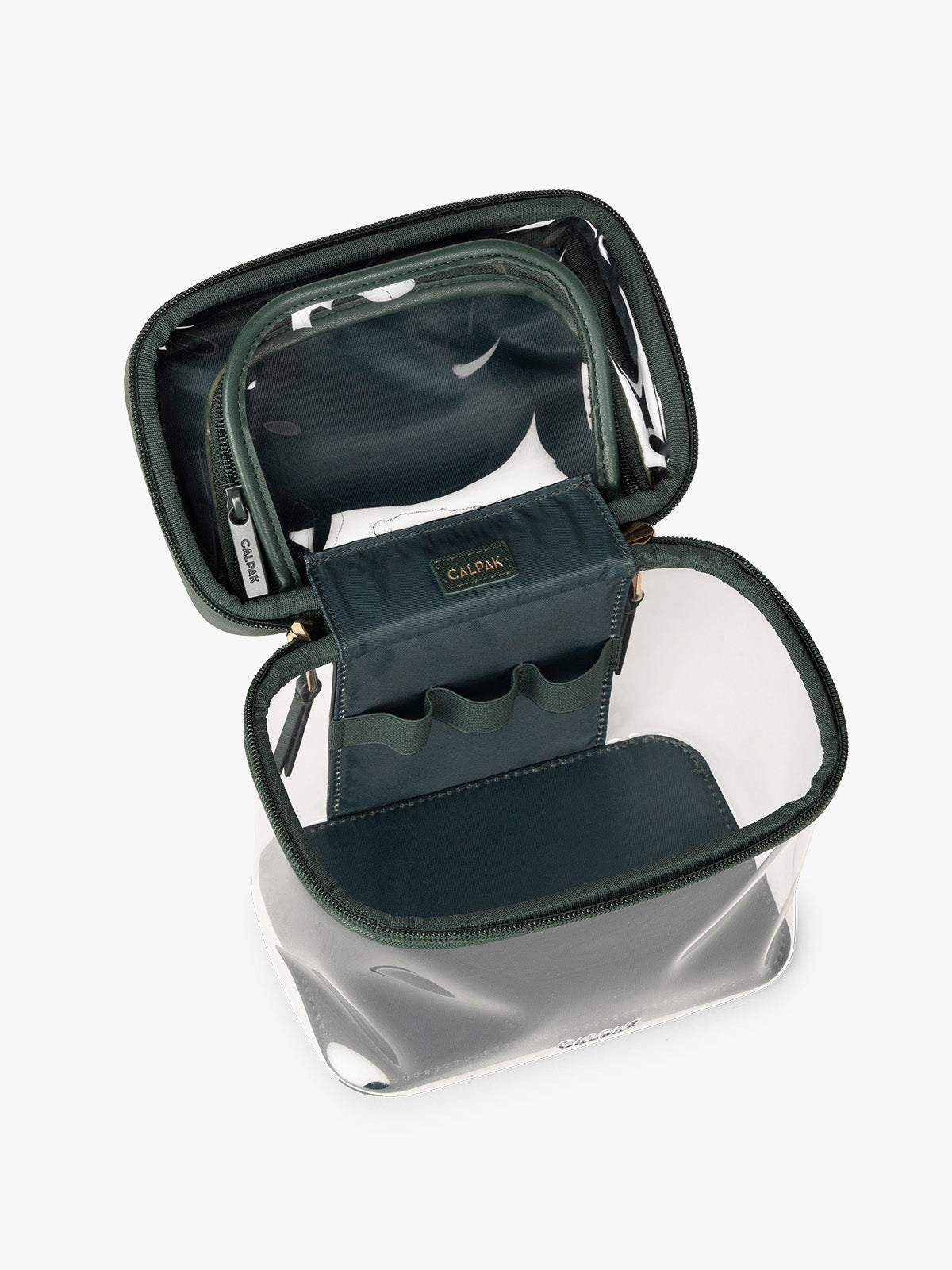 Opened view of CALPAK Clear Train Case in dark green Emerald; CTC2401-EMERALD