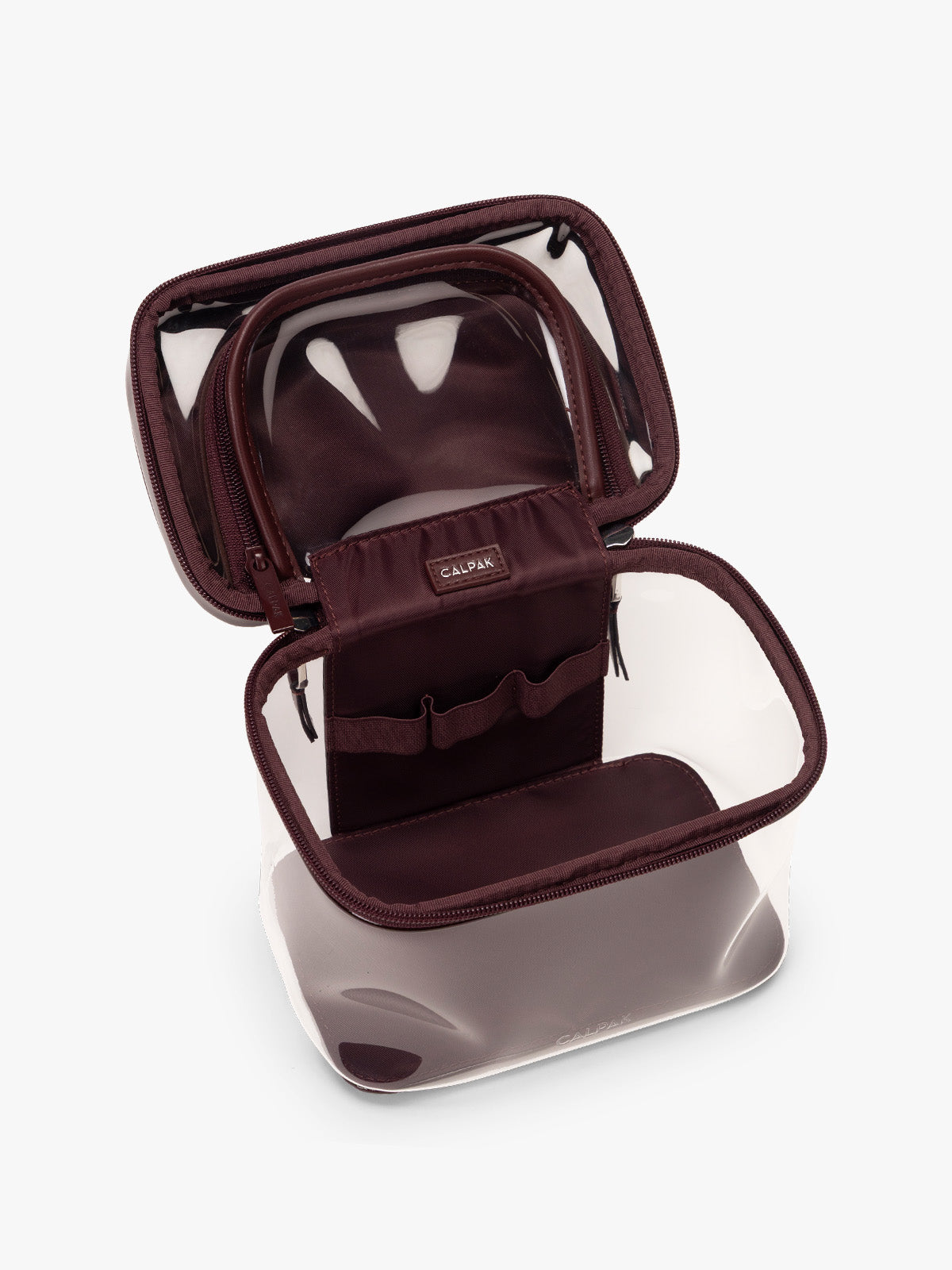 Open and empty CALPAK Clear Train Case in maroon Glazed Dark Cherry; CTC2401-GLAZED-DARK-CHERRY