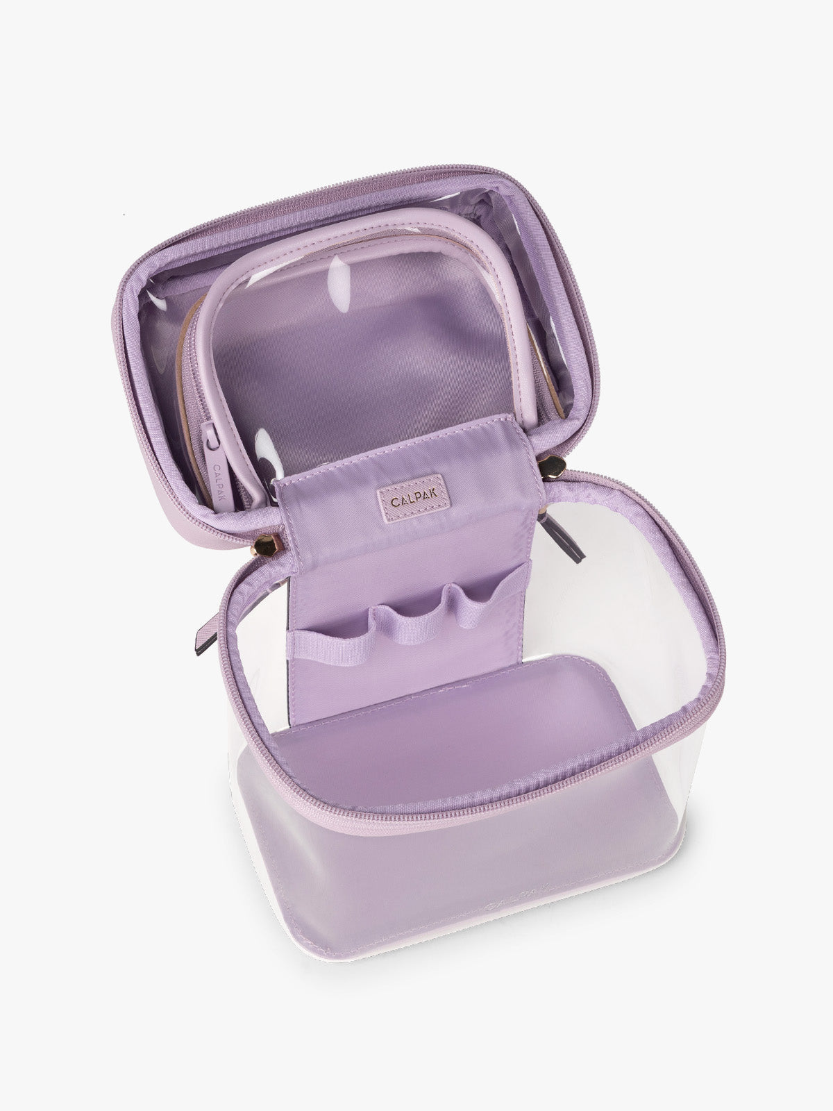 Opened view of CALPAK Clear Train Case in purple lavender; CTC2401-LAVENDER