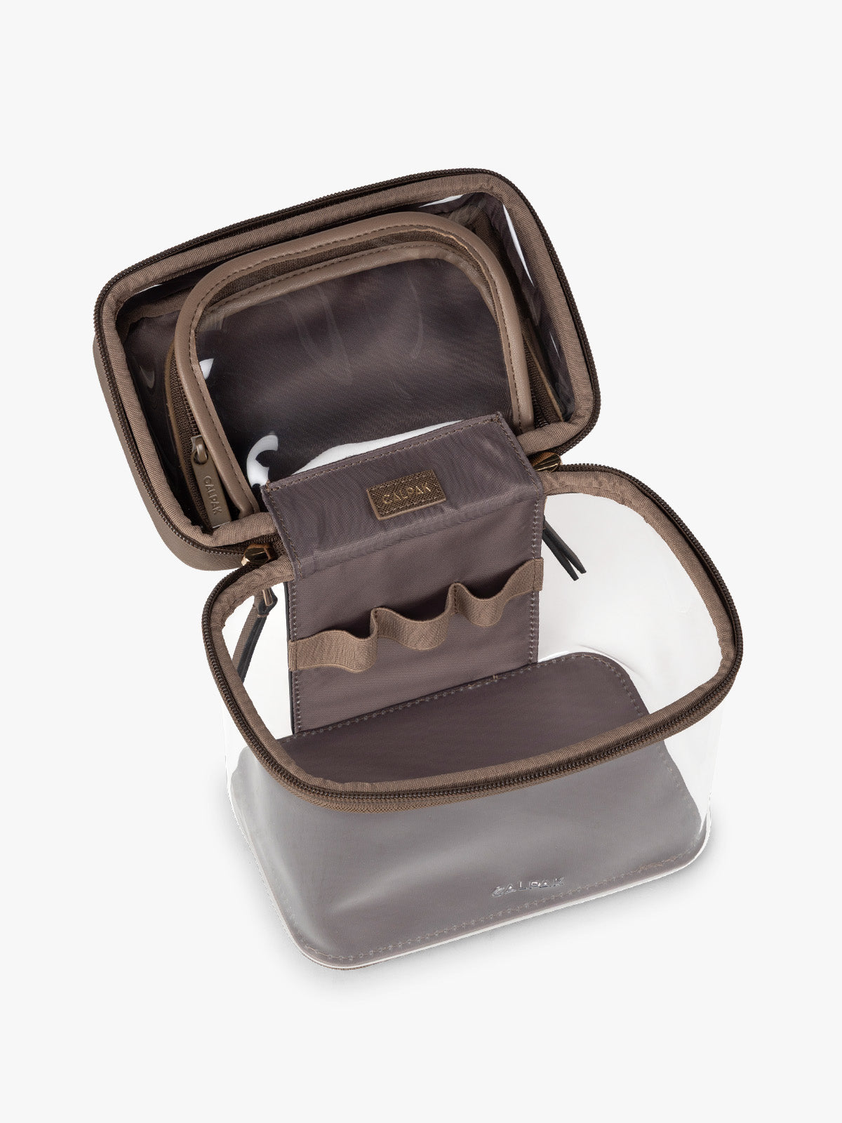 Opened view of CALPAK Clear Train Case in brown Mocha; CTC2401-MOCHA