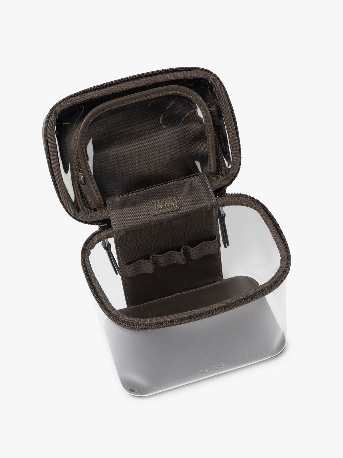 Opened view of CALPAK Clear Train Case in brown Mushroom; CTC2401-MUSHROOM