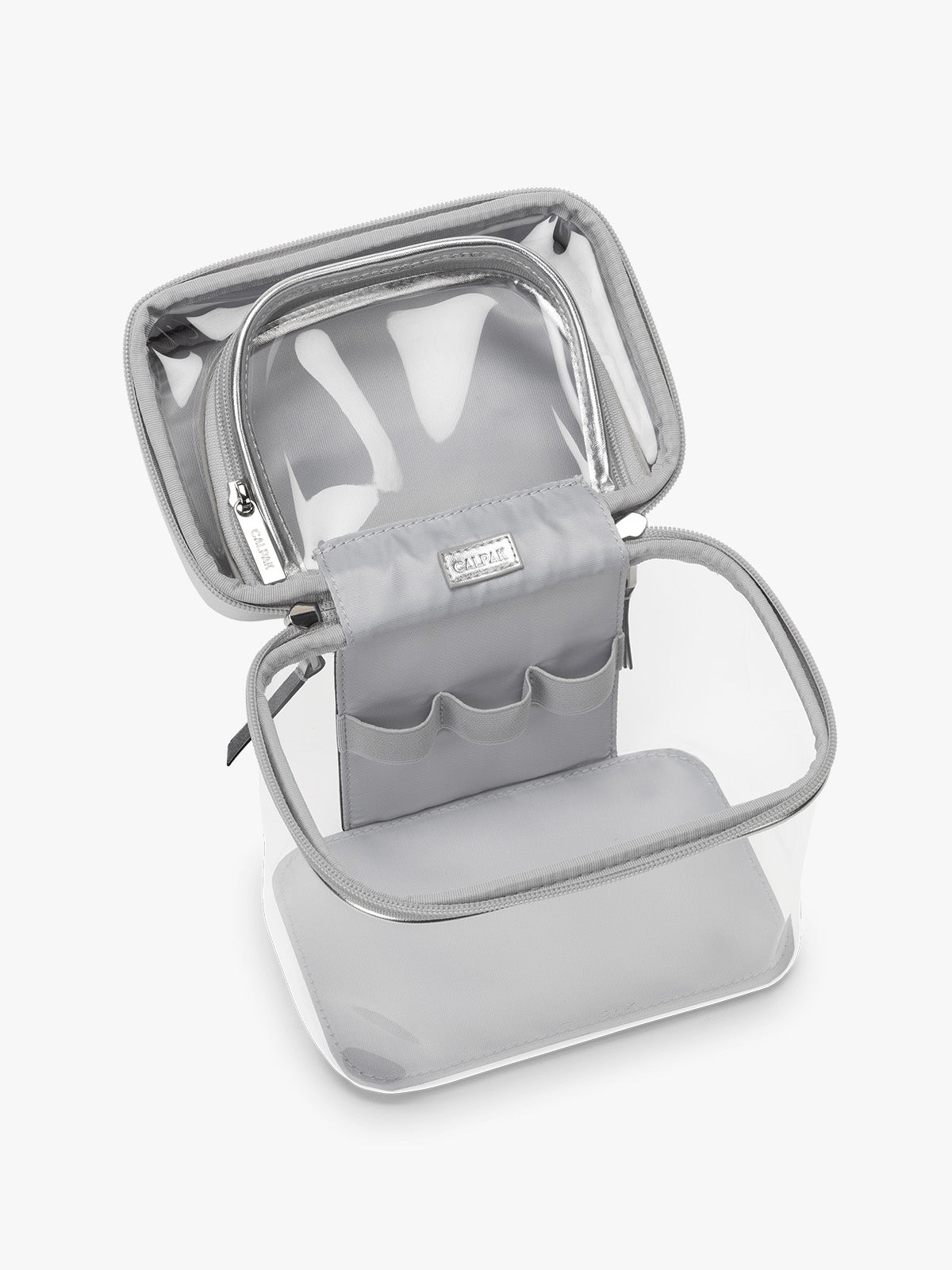 Open and empty CALPAK Clear Train Case in Silver; CTC2401-SILVER