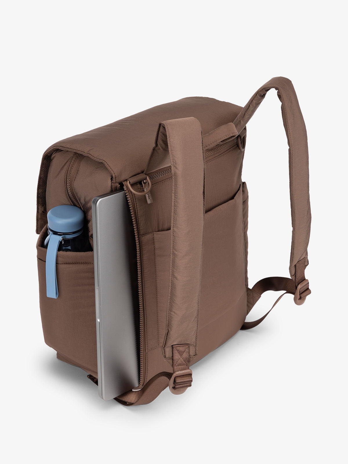 Brown CALPAK diaper backpack with 14 inch laptop sleeve and adjustable shoulder straps; BPB2401-HAZELNUT, BBPB2401-HAZELNUT