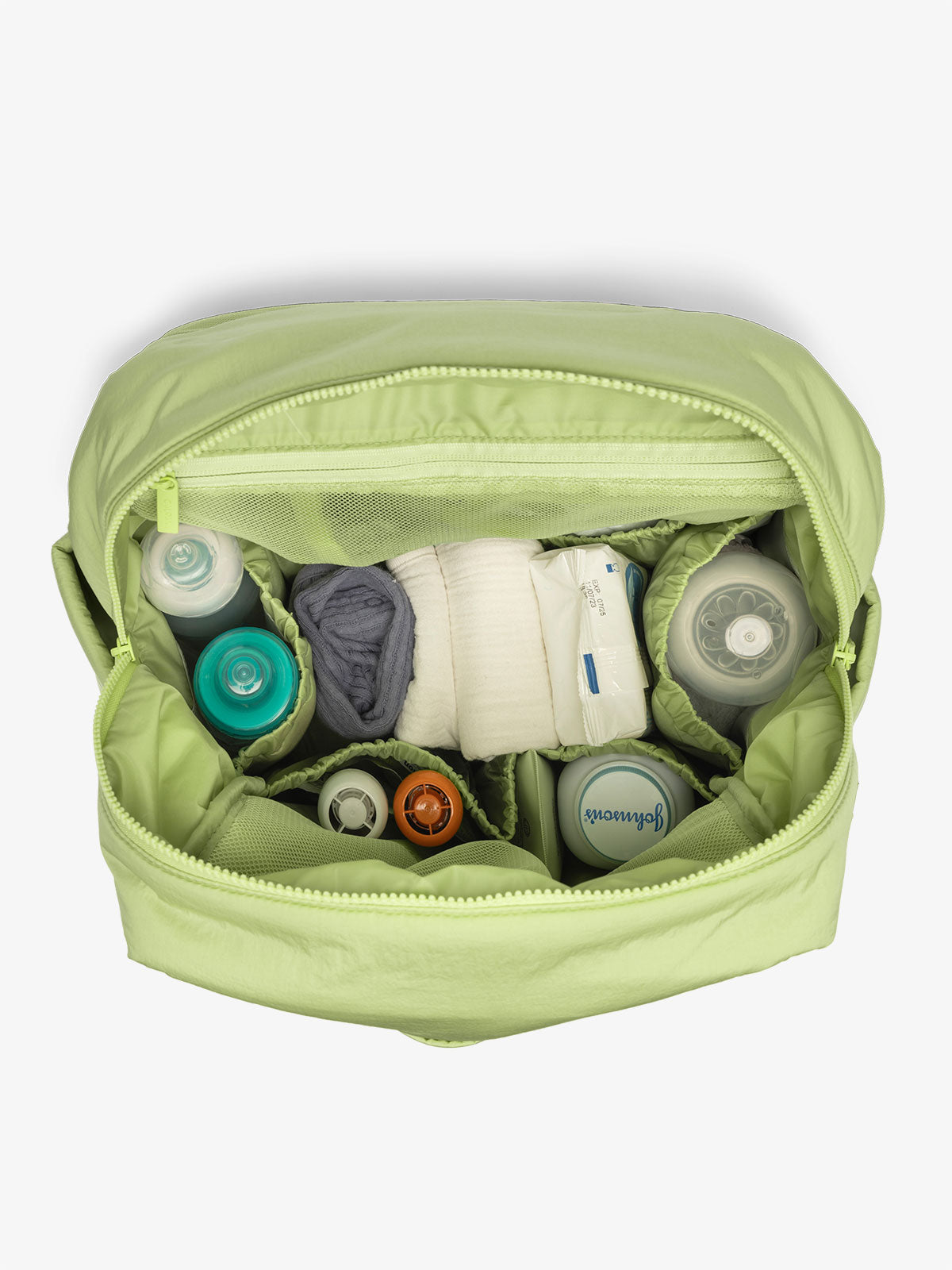 diaper backpack with laptop sleeve featuring multiple interior pockets and bottle pockets in lime green; BPB2401-LIME, BBPB2401-LIME