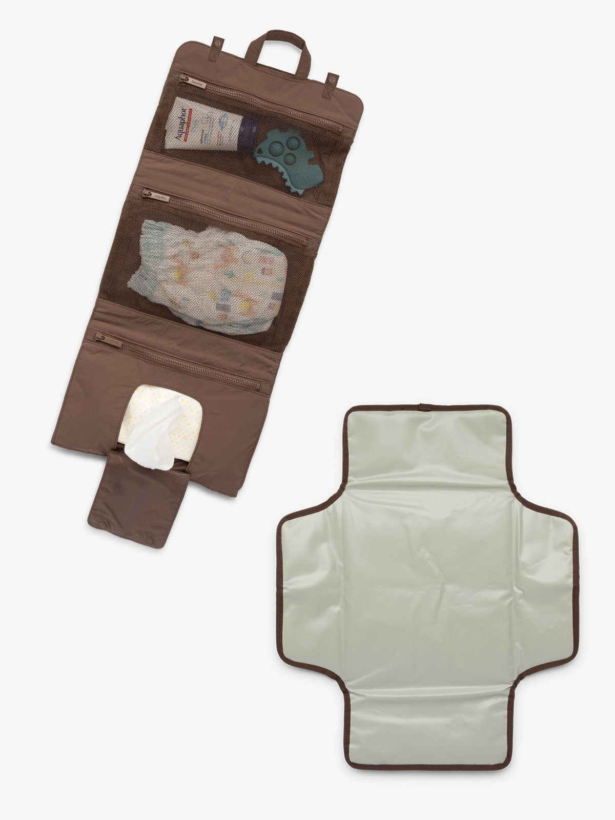 CALPAK diaper changing pad organizer with collapsible hanging hook, breathable mesh pockets and detachable changing pad in brown; CPB2402-HAZELNUT