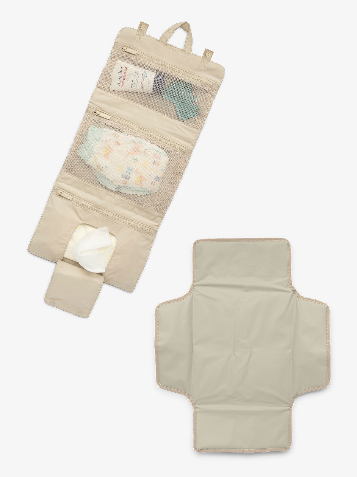 CALPAK diaper changing pad organizer with collapsible hanging hook and detachable changing pad in beige; CPB2402-OATMEAL