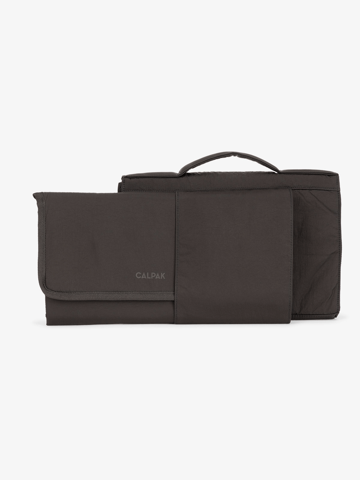 CALPAK diaper changing pad organizer with collapsible hanging hook, breathable mesh pockets and detachable changing pad in black; CPB2402-BLACK