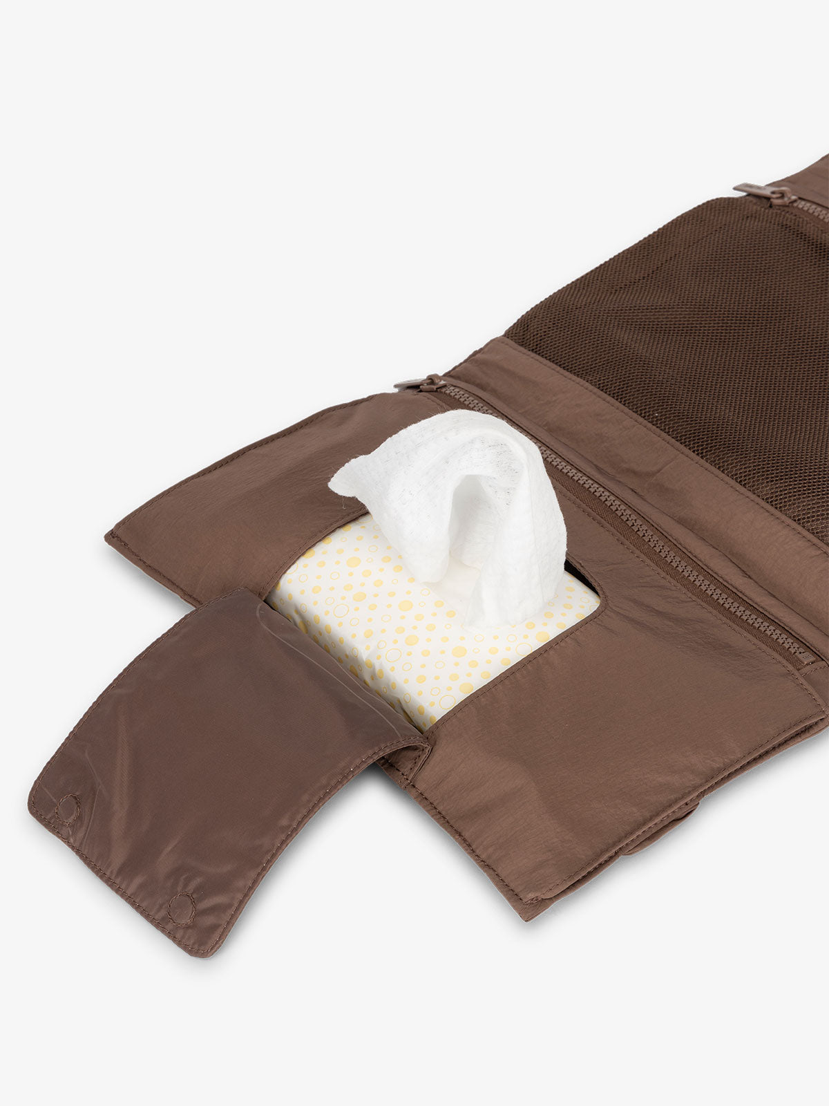 CALPAK diaper changing pad organizer with designated pocket for baby wipes in hazelnut brown; CPB2402-HAZELNUT