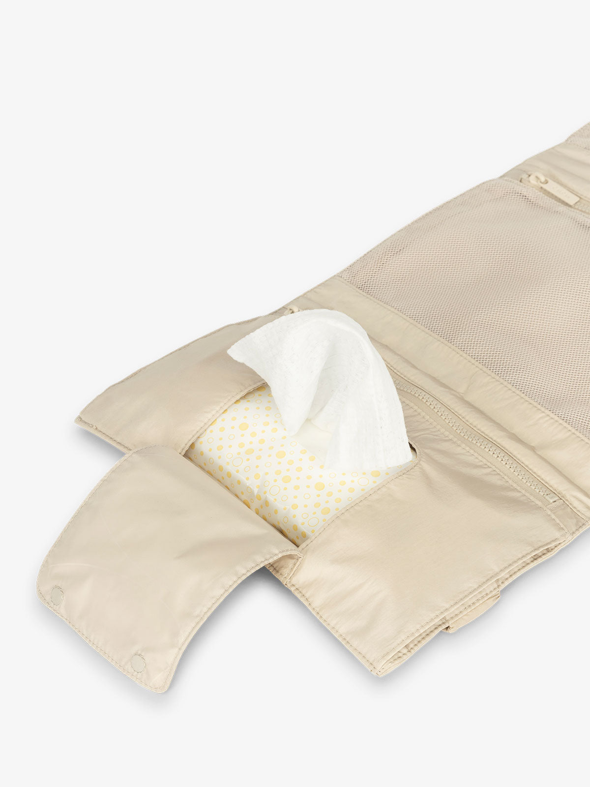 CALPAK diaper changing pad organizer with designated pocket for baby wipes in beige oatmeal; CPB2402-OATMEAL