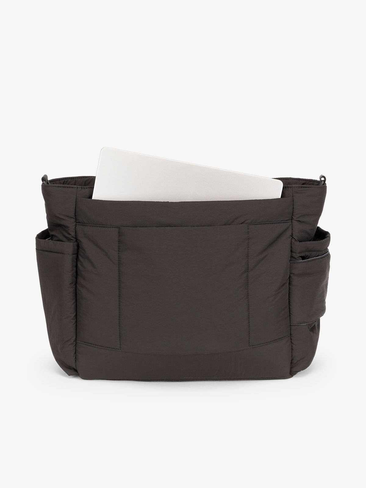 Black CALPAK laptop diaper tote bag with multiple insulated exterior bottle pockets and a spacious pocket for laptop or ipad; TBB2401-BLACK