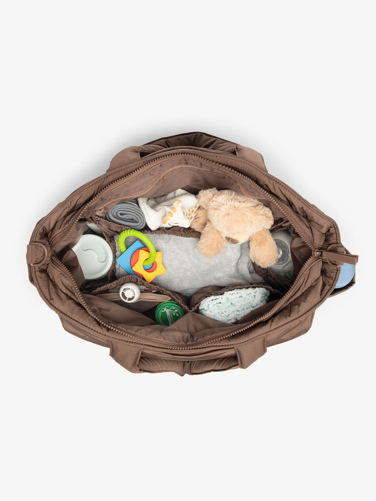 CALPAK Diaper Tote Bag with Laptop Sleeve featuring multiple interior pockets in brown hazelnut; TBB2401-HAZELNUT