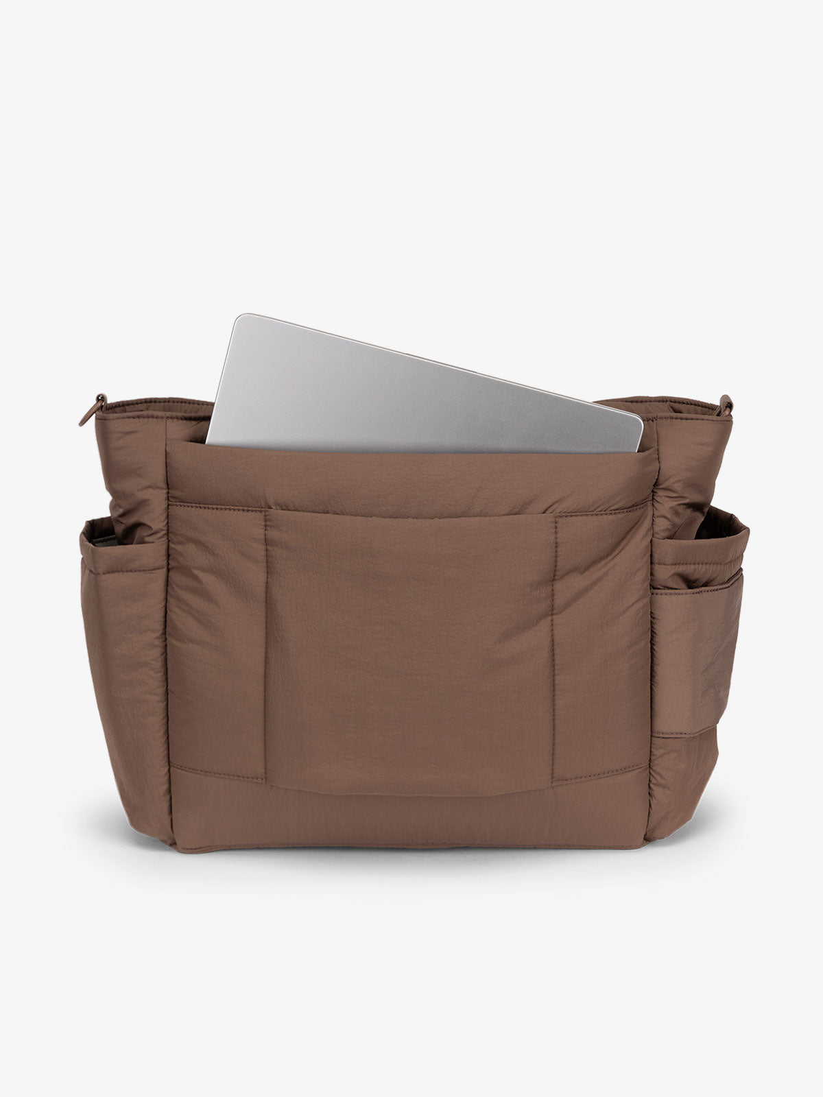 Hazelnut CALPAK laptop diaper tote bag with multiple insulated exterior bottle pockets and a spacious pocket for laptop or ipad; TBB2401-HAZELNUT