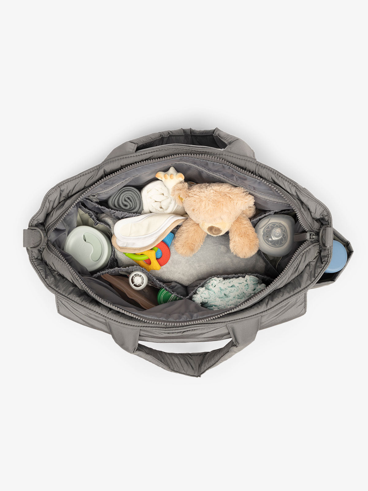 CALPAK Diaper Tote Bag with Laptop Sleeve featuring multiple interior pockets in slate gray; TBB2401-SLATE