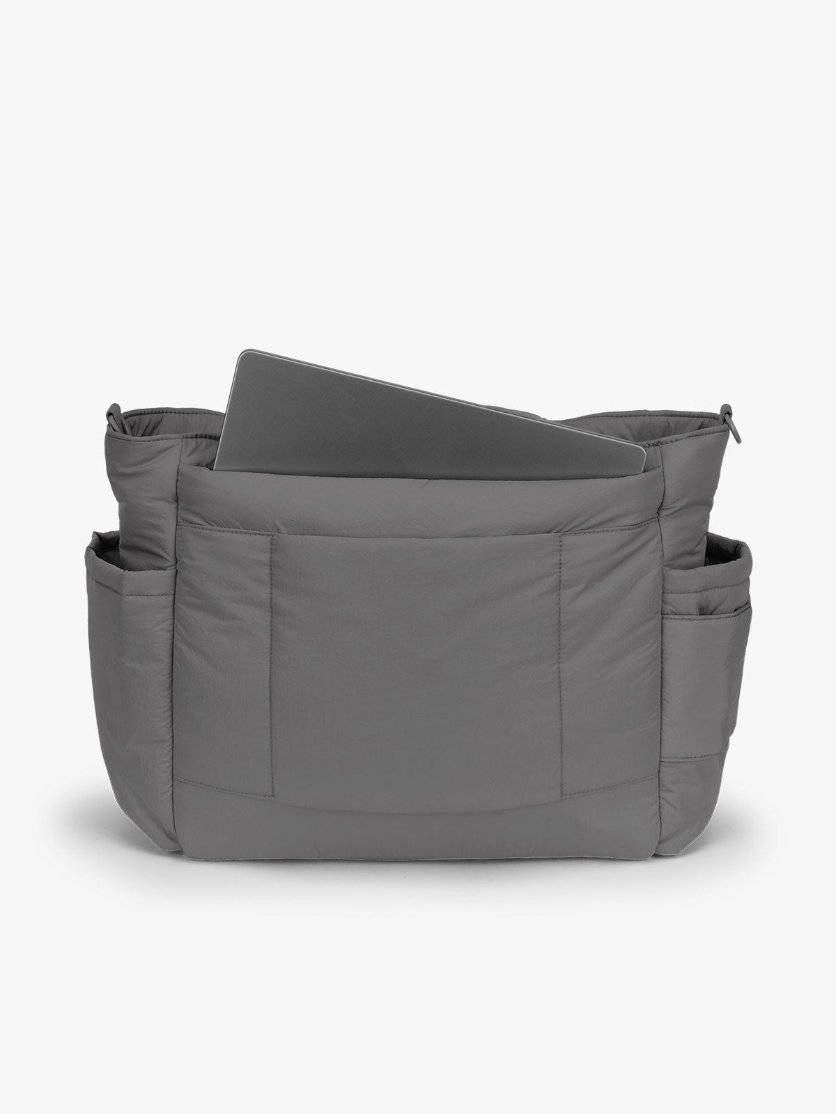 Slate CALPAK laptop diaper tote bag with multiple insulated exterior bottle pockets and a spacious pocket for laptop or ipad; TBB2401-SLATE