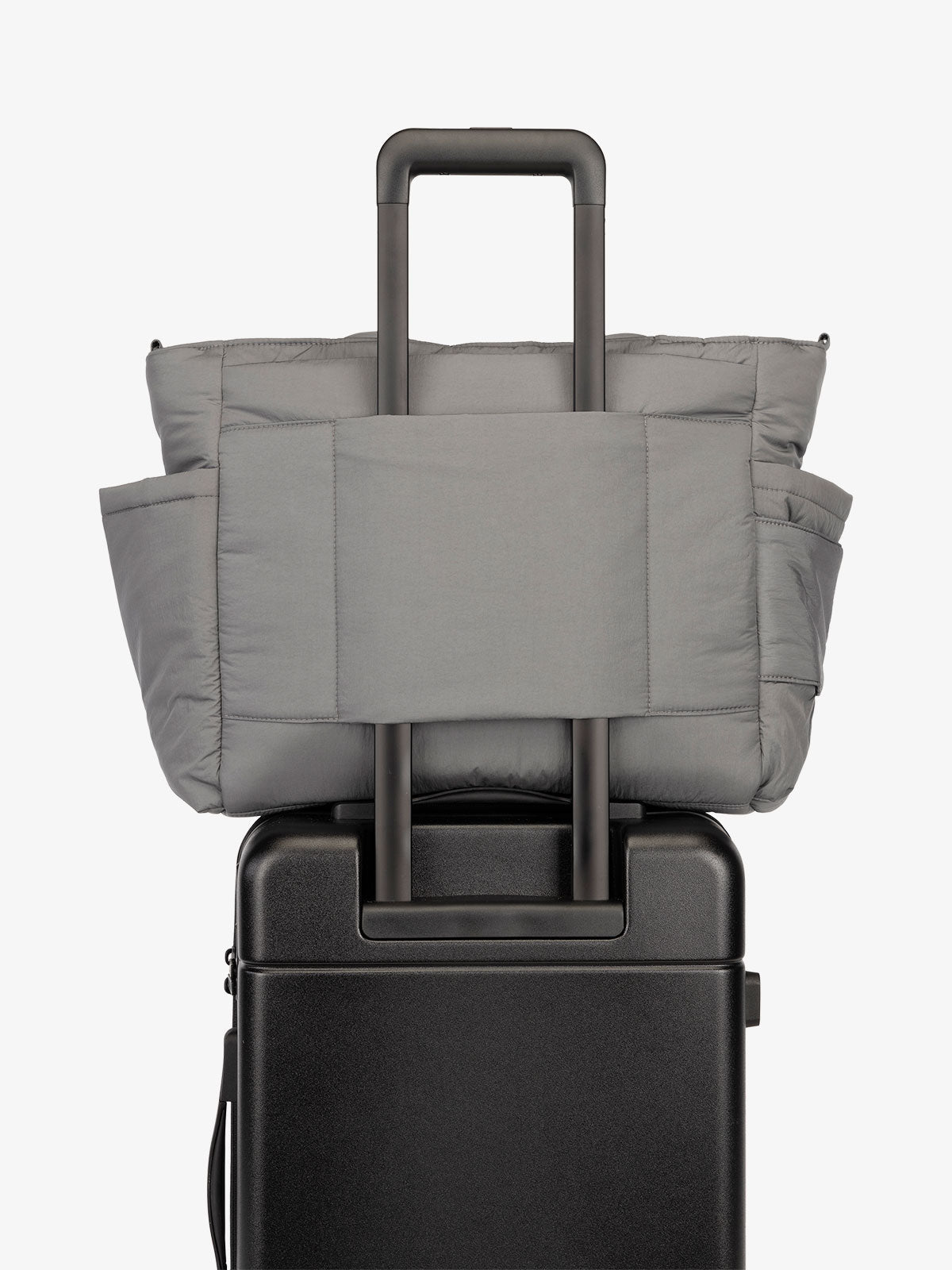 CALPAK Diaper Tote Bag with Laptop Sleeve featuring luggage trolley sleeve with back pocket in slate gray; TBB2401-SLATE