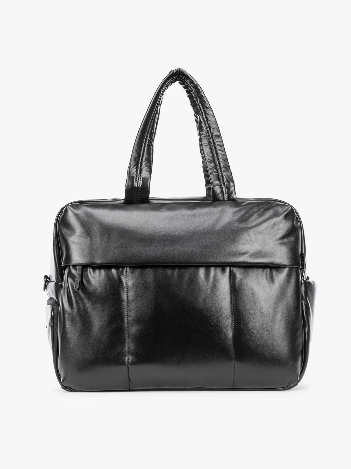 Black CALPAK Luka Large Duffel in vegan leather with dual top handles, shown against a plain white background; DLL2201-BLACK-PU