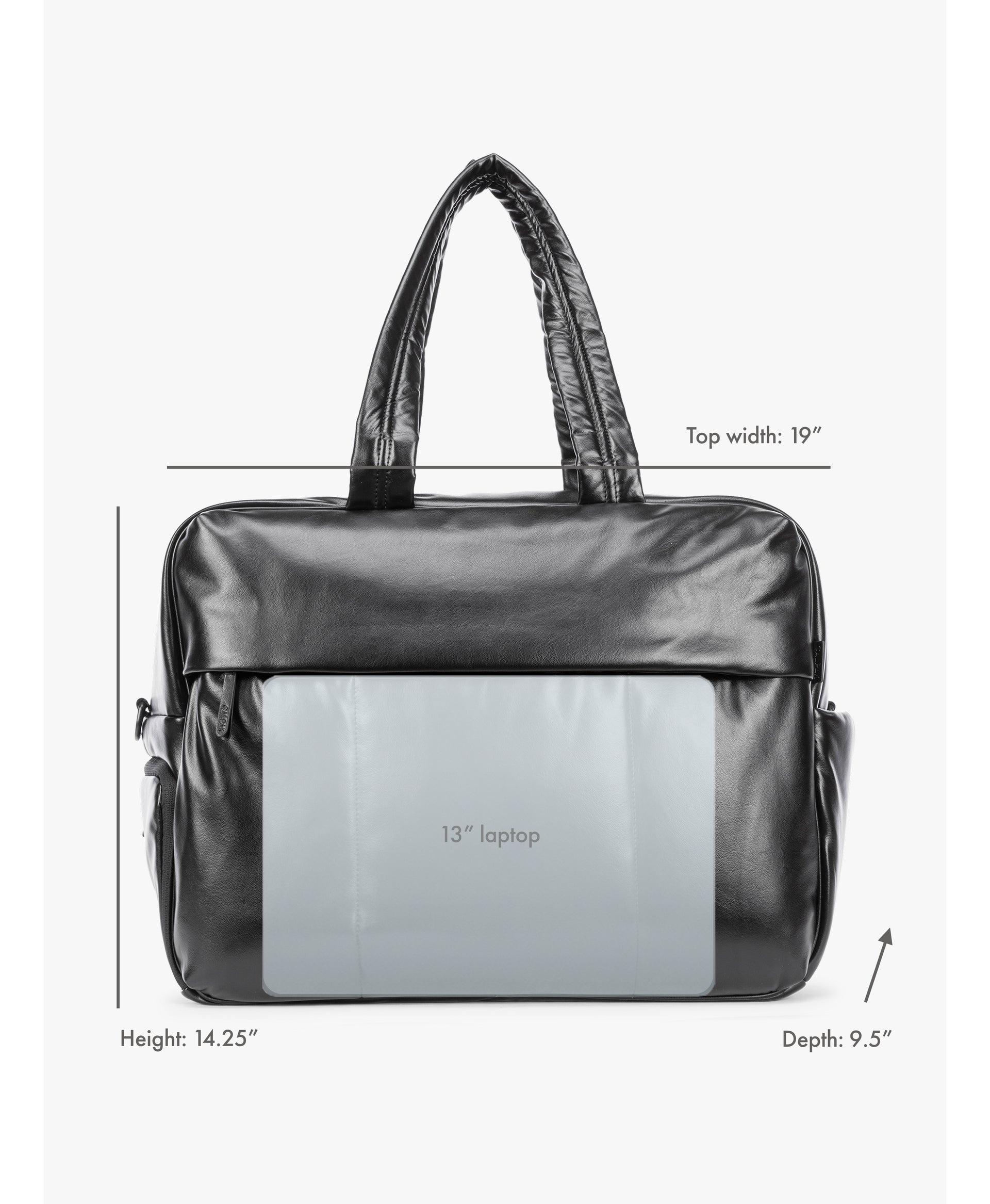 Black CALPAK Luka Large Duffel in vegan leather with dual top handles, shown against a plain white background showing dimensions and laptop fit; DLL2201-BLACK-PU