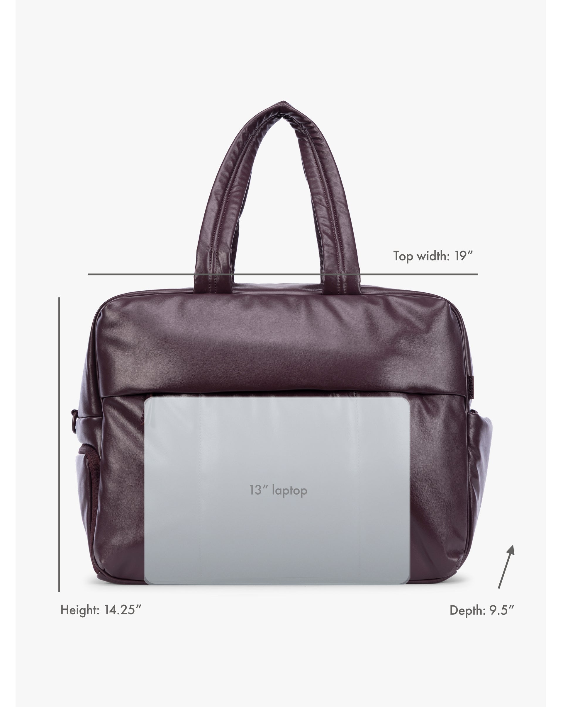 Dark Cherry deep burgundy CALPAK Luka Large Duffel in vegan leather with dual top handles, shown against a plain white background showing dimensions and laptop fit; DLL2201-DARK-CHERRY-PU