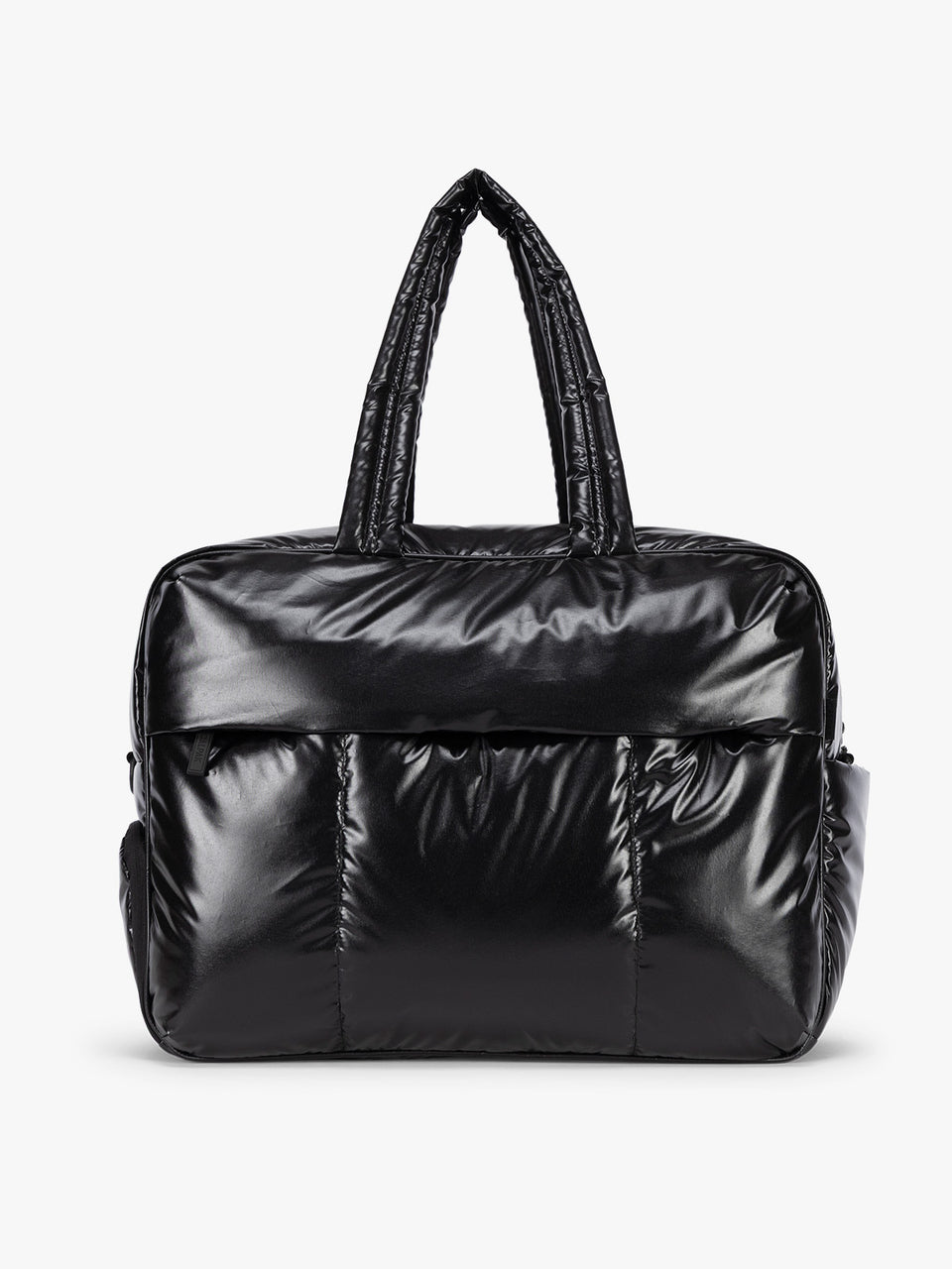 A shiny black puffer-style CALPAK Luka Large Duffel Bag with two top handles, photographed against a clean white studio background; DLL2201-GLAZED-BLACK