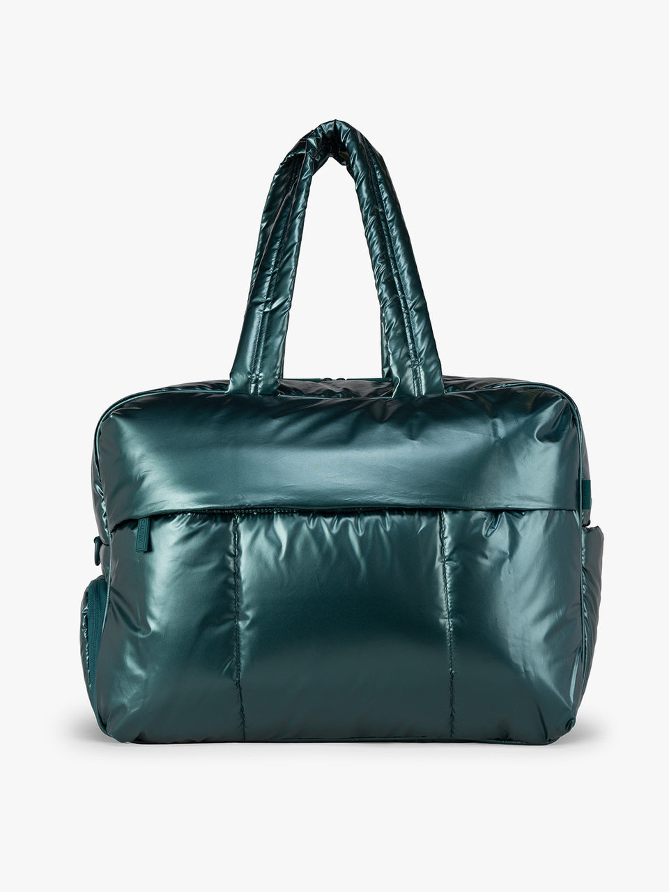 A metallic teal green puffer-style CALPAK Luka Large Duffel bag with two top handles, shown against a plain light gray studio background; DLL2201-GLAZED-KALE